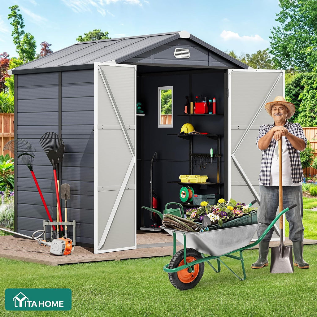 YITAHOME 6x6FT Resin Storage Unit sans Flooring, All-Weather Plastic Shed with Window, Vents and Secured Doors, Outdoor Plastic Tool Cabin for Poolside, Lawn, Backyard, Patio, Dark Gray