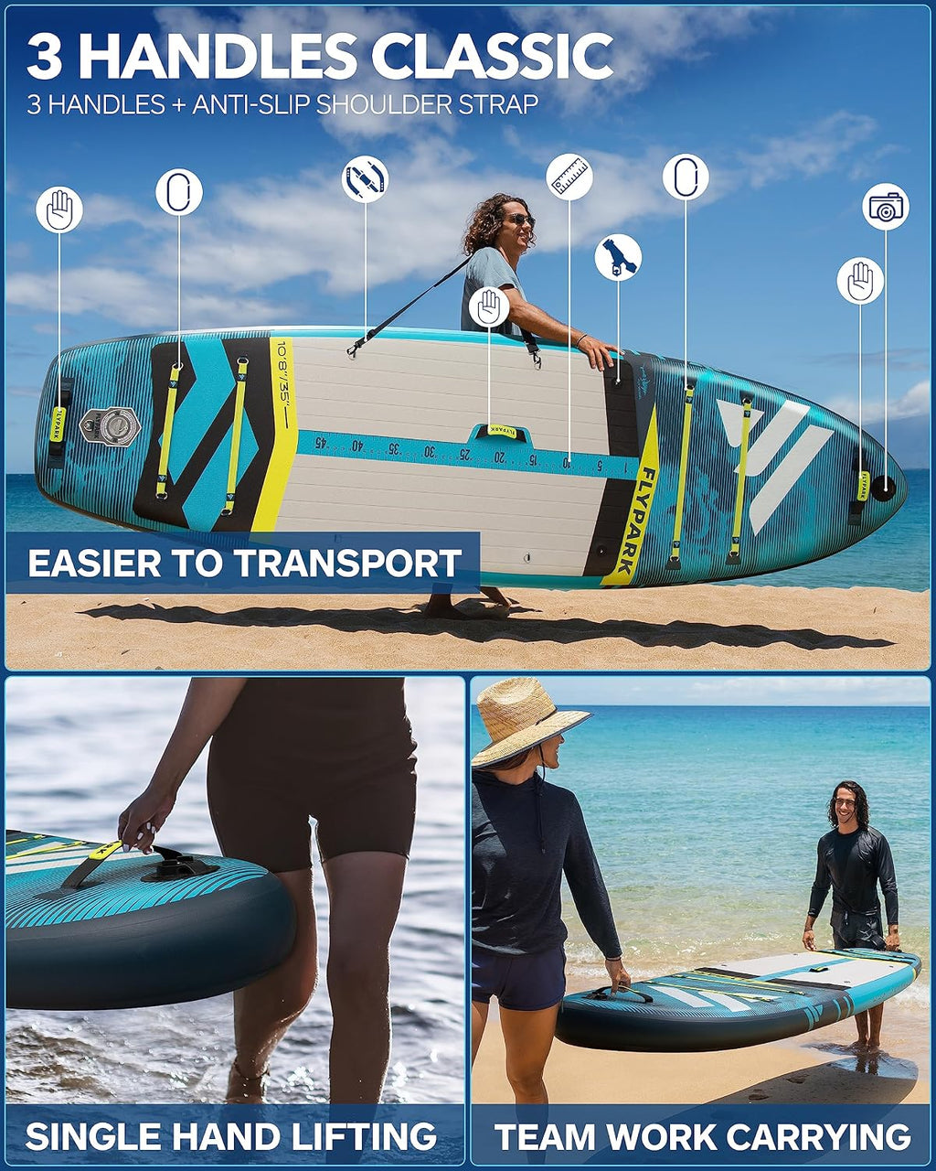 Flypark 10'8/11'x35'' Fishing&Family Stable Inflatable Paddle Boards, Extra Wide SUP Paddleboard Inflatable, 430lb/3 People, Stand Up Paddle Board for Adults, Camera Mount, Shoulder Strap, Rod Holder