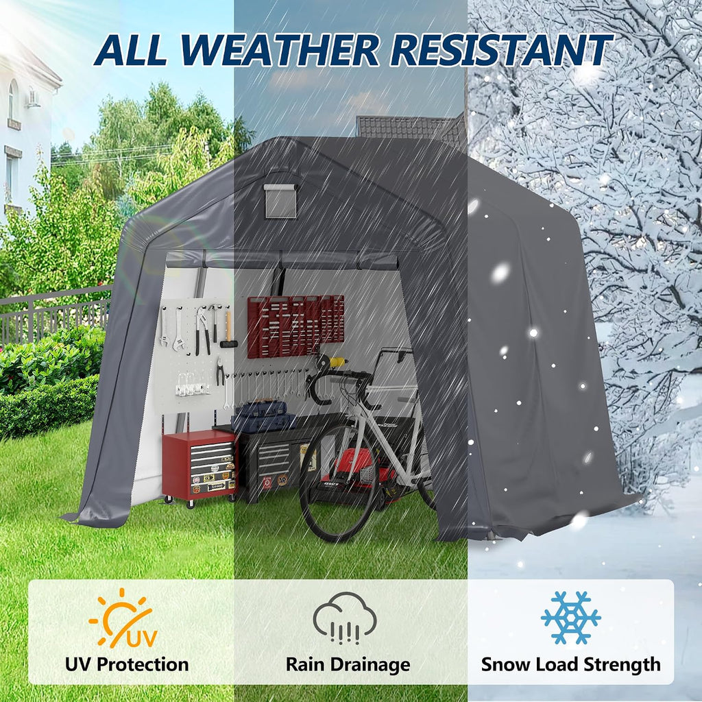 COVERONICS 10' x 10' Outdoor Storage Shed - Heavy Duty Portable Shelter Carport with Ventilation Windows and Roll-up Doors, Storage Shelter Tent for Motorcycle, Bike, Lawnmower and Garden Tools, Grey