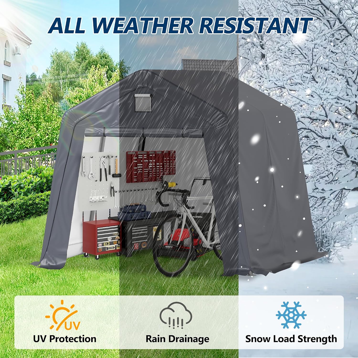 COVERONICS 10' x 10' Outdoor Storage Shed - Heavy Duty Portable Shelter Carport with Ventilation Windows and Roll-up Doors, Storage Shelter Tent for Motorcycle, Bike, Lawnmower and Garden Tools, Grey