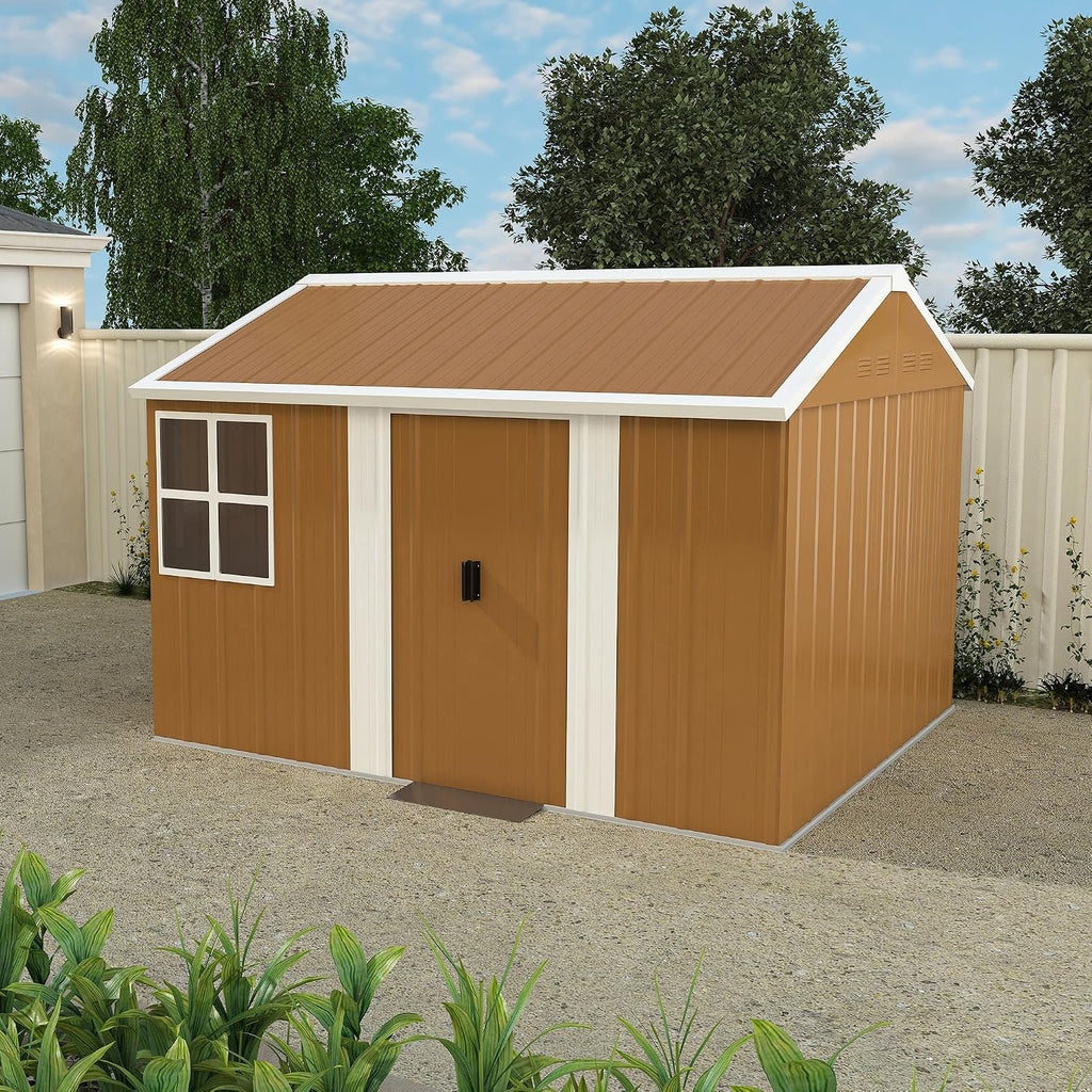 8x10 FT Heavy-Duty Metal Tool Shed with Windows, Lockable Door & Ventilation, Weatherproof Outdoor Garden Storage Shed for Backyard, Lawn, and Tool Organization, Brown
