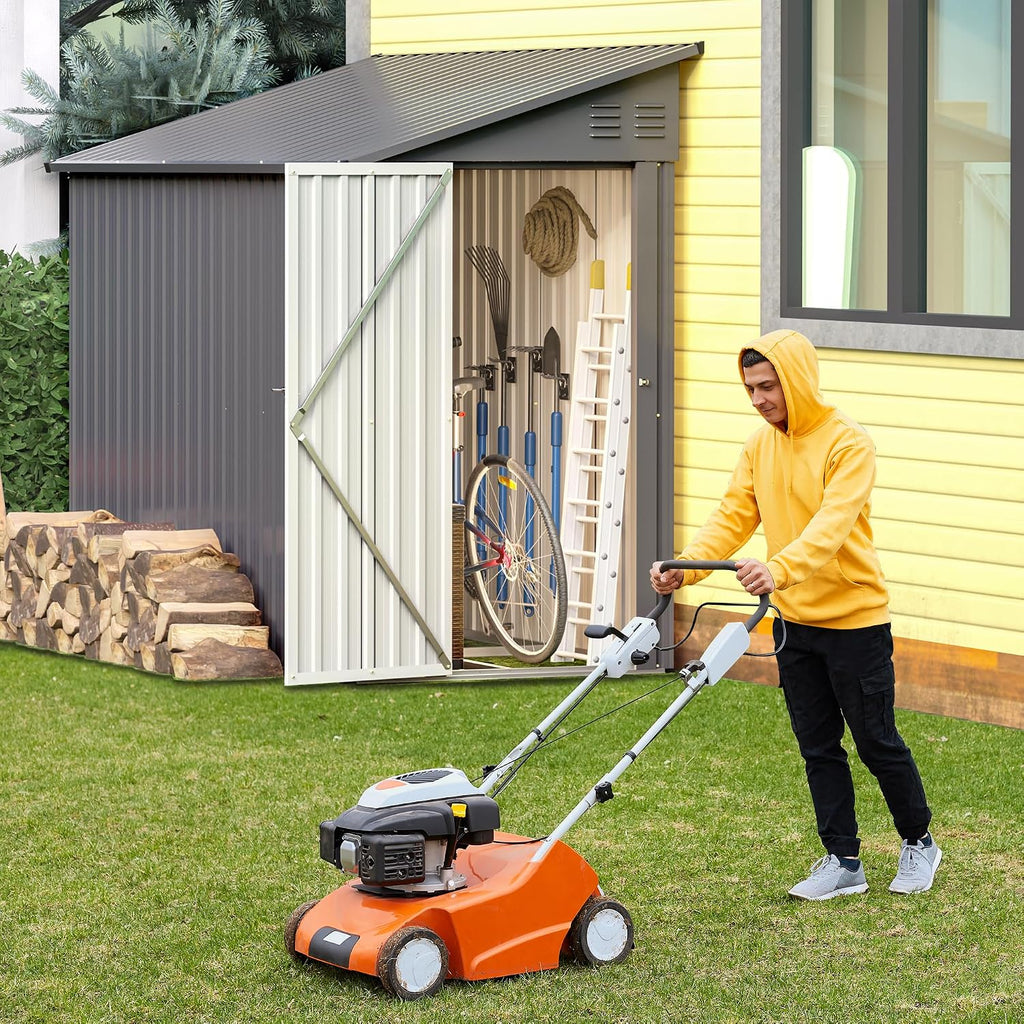 Lean to Storage Shed 4x8 FT Metal Sheds & Outdoor Storage Cabinet Lockable Tool Organization Bike Mower Shed Portable Outside for Garden Patio, Grey