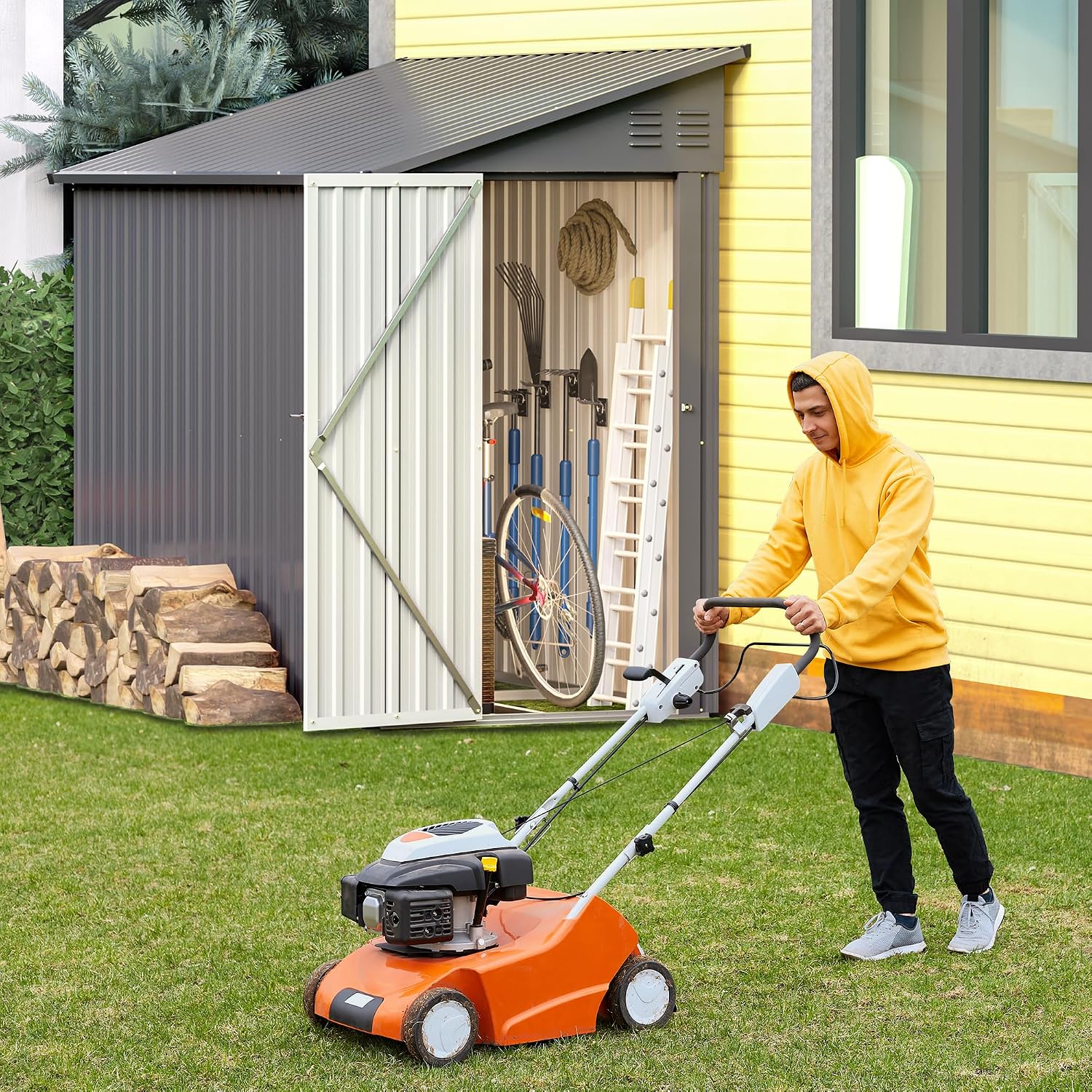 Lean to Storage Shed 4x8 FT Metal Sheds & Outdoor Storage Cabinet Lockable Tool Organization Bike Mower Shed Portable Outside for Garden Patio, Grey