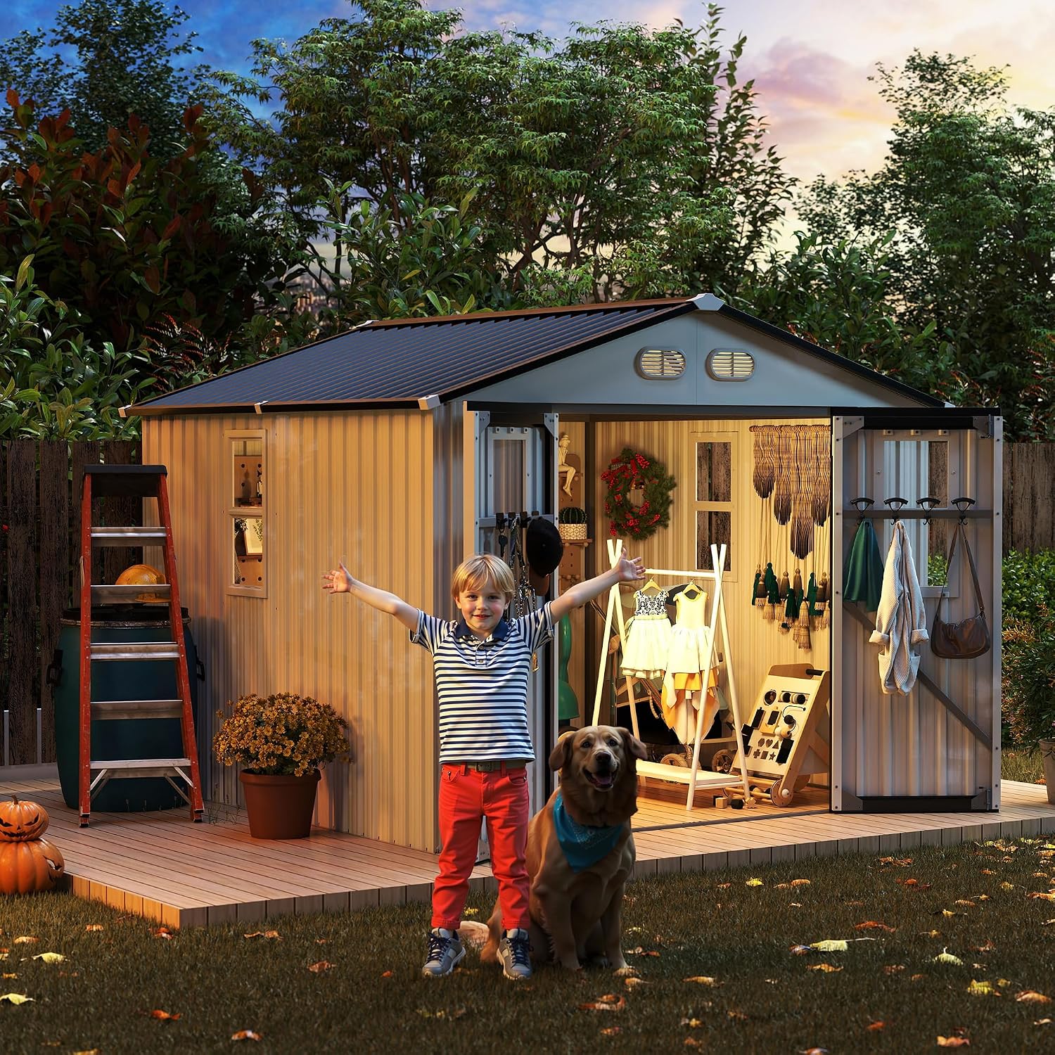 8x8 FT Outdoor Storage Shed:Heavy-Duty Metal Garden Sheds & Outdoor Storage Solution with 4 Daylight Windows,Lockable Doors,Waterproof&UV-Resistant,Shed for Backyard Tool Storage (White)