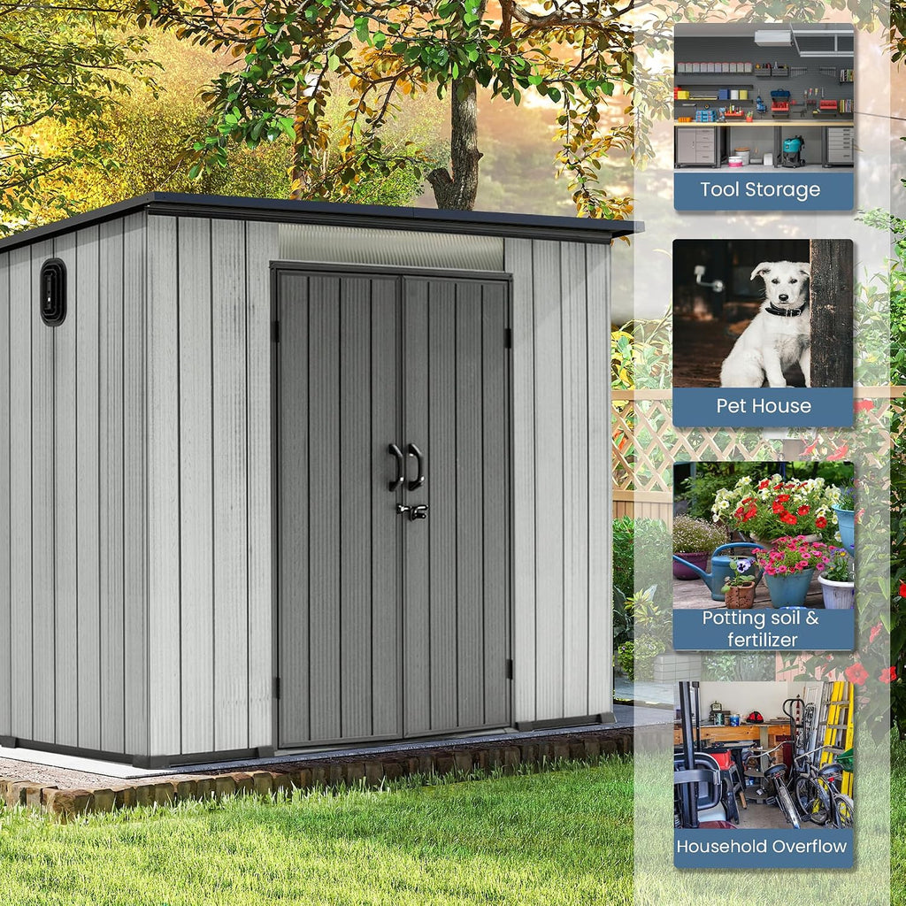Domi 6x8FT Outdoor Resin Storage Shed, All-Weather Double-Wall Storage Building with Sloping Roof for Backyard, Garden, Lawn Tools, Mower, Bike & Pool Equipment, Lockable Doors, Ventilated Roof