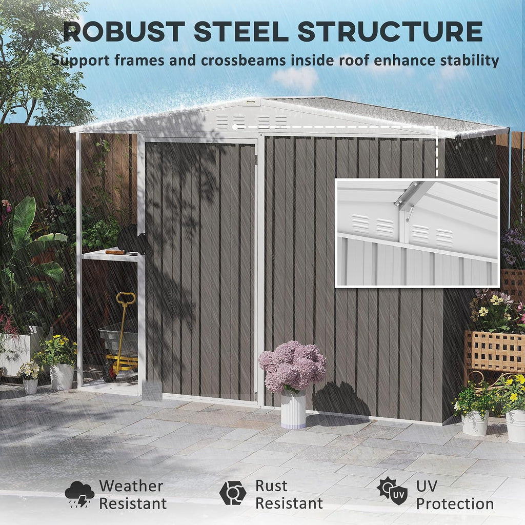 Outsunny 8 x 4ft Outdoor Storage Shed with Lock, 2-Tier Storage Rack, Air Vents, Garden Tool Shed for Backyard, Patio, Lawn, Warm Gray