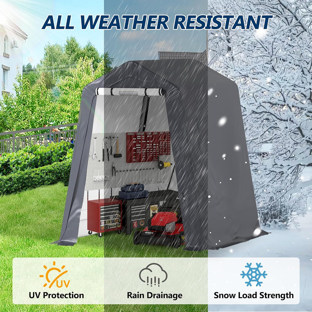 COVERONICS 6' x 7' Outdoor Storage Shed - Heavy Duty Portable Shelter Carport with Ventilation Windows and Roll-up Doors, Storage Shelter Tent for Motorcycle, Bike, Lawnmower and Garden Tools, Grey