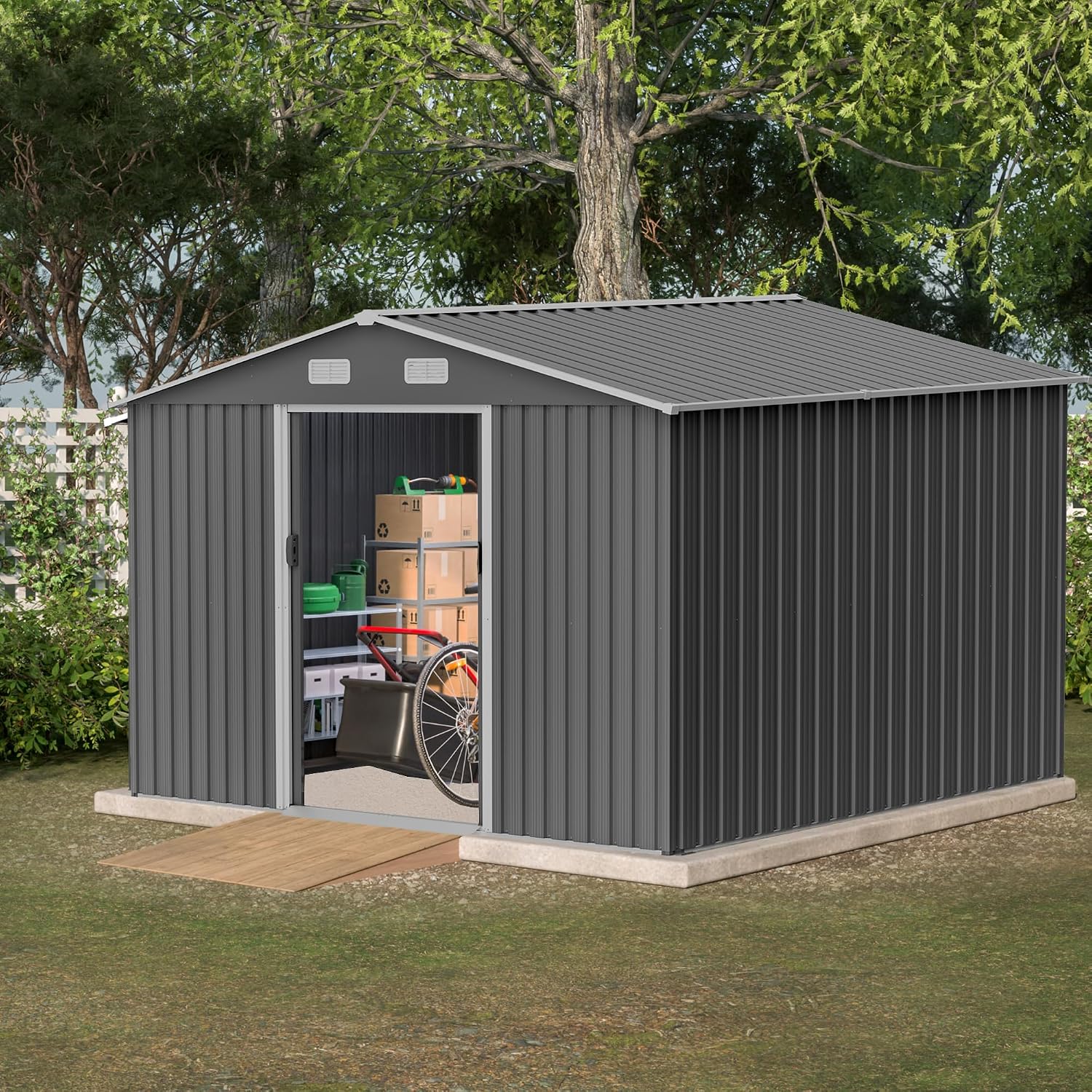 YOPTO 10X8 FT Outdoor Storage Shed W/Lockable Sliding Doors,Metal Shed W/Sloped Roof & Air Vents,All Weather Garden Tool House for Backyard Patio Lawn,Gray
