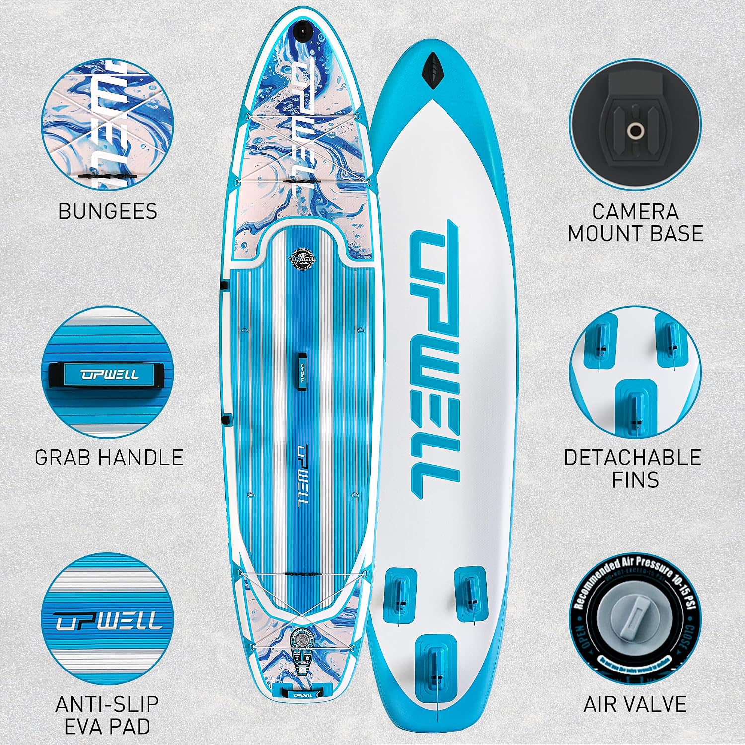UPWELL 11'6'/11'2'/11'/10'8'/10'6'/10'2' Inflatable Stand Up Paddle Board with sup Accessories Including Backpack, Repairing Kits, Non-Slip Deck, Leash, 3 Fins, Paddle and Hand Pump