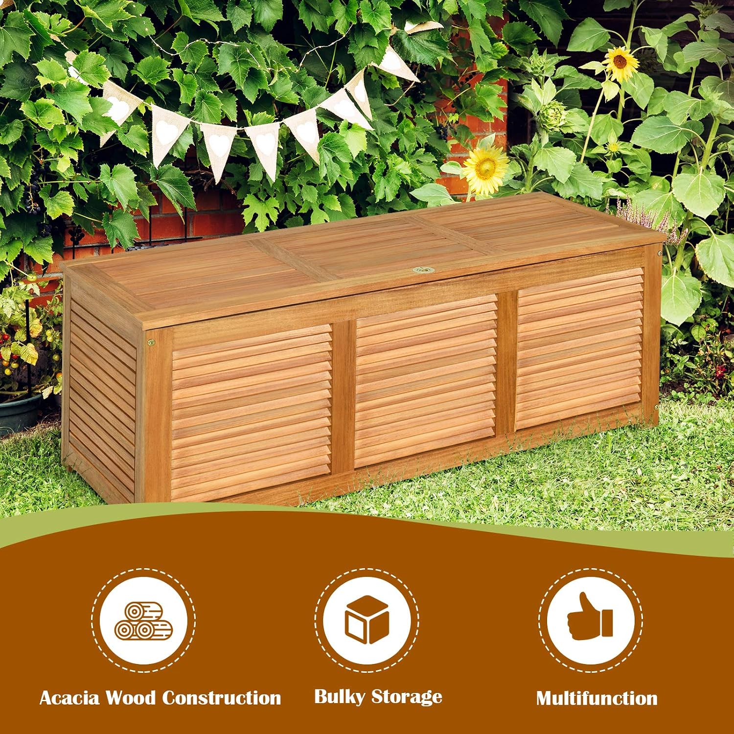 HAPPYGRILL 46 Gallon Acacia Wood Deck Box, Outdoor Storage Box Garden Tools Box Container for Patio Garden Garage