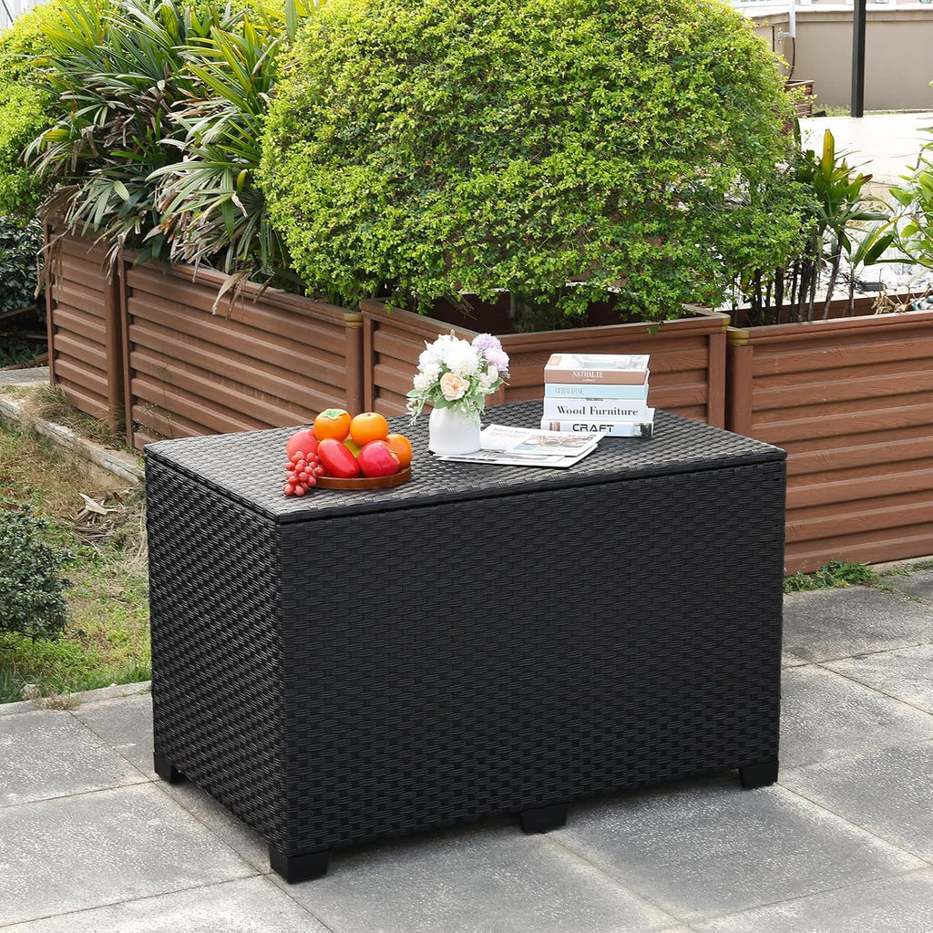 Rattaner Wicker Outdoor Storage Box 140 Gallon Patio Storage Bin with Waterproof Lining Bag Large Deck Box and Cushion Storage Bin Outdoor, Black Wicker