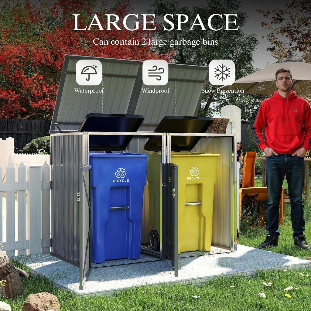 Garbage Bin Storage Shed for 2 Trash Cans, 54 Cu Ft Outdoor Metal Trash Can Enclosure, Galvanized Steel Utility Shed for Garden, Yard, Lawn, Snow Prevention，Easy Assembly (Light Gray, 2 Doors)