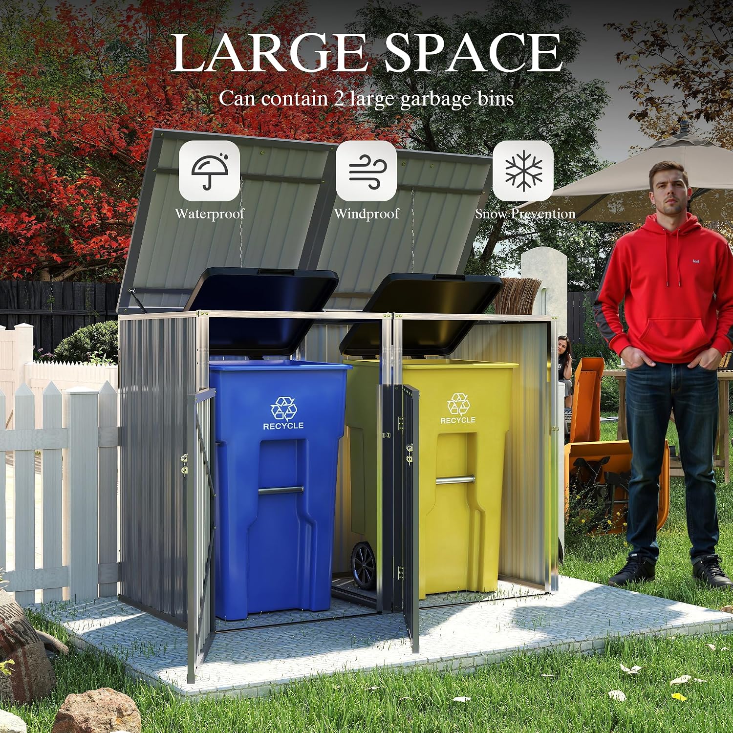 Garbage Bin Storage Shed for 2 Trash Cans, 54 Cu Ft Outdoor Metal Trash Can Enclosure, Galvanized Steel Utility Shed for Garden, Yard, Lawn, Snow Prevention，Easy Assembly (Light Gray, 2 Doors)