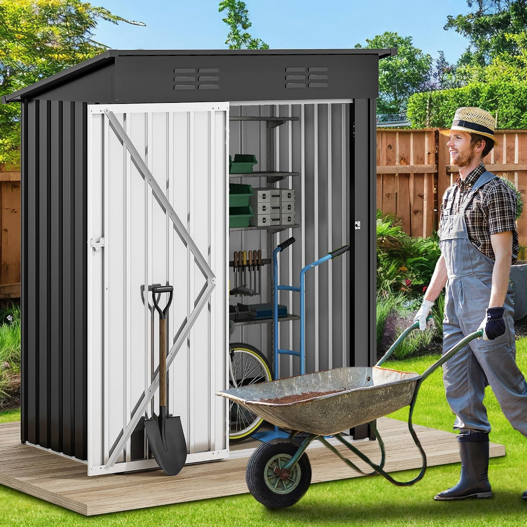 DWVO Outdoor Storage Shed 5 x 3FT, Heavy Duty Metal Tool Sheds Storage House with Lockable Door & Air Vent for Garden, Patio, Lawn to Store Bike, Garbage Can, Lawnmower, Dark Gray
