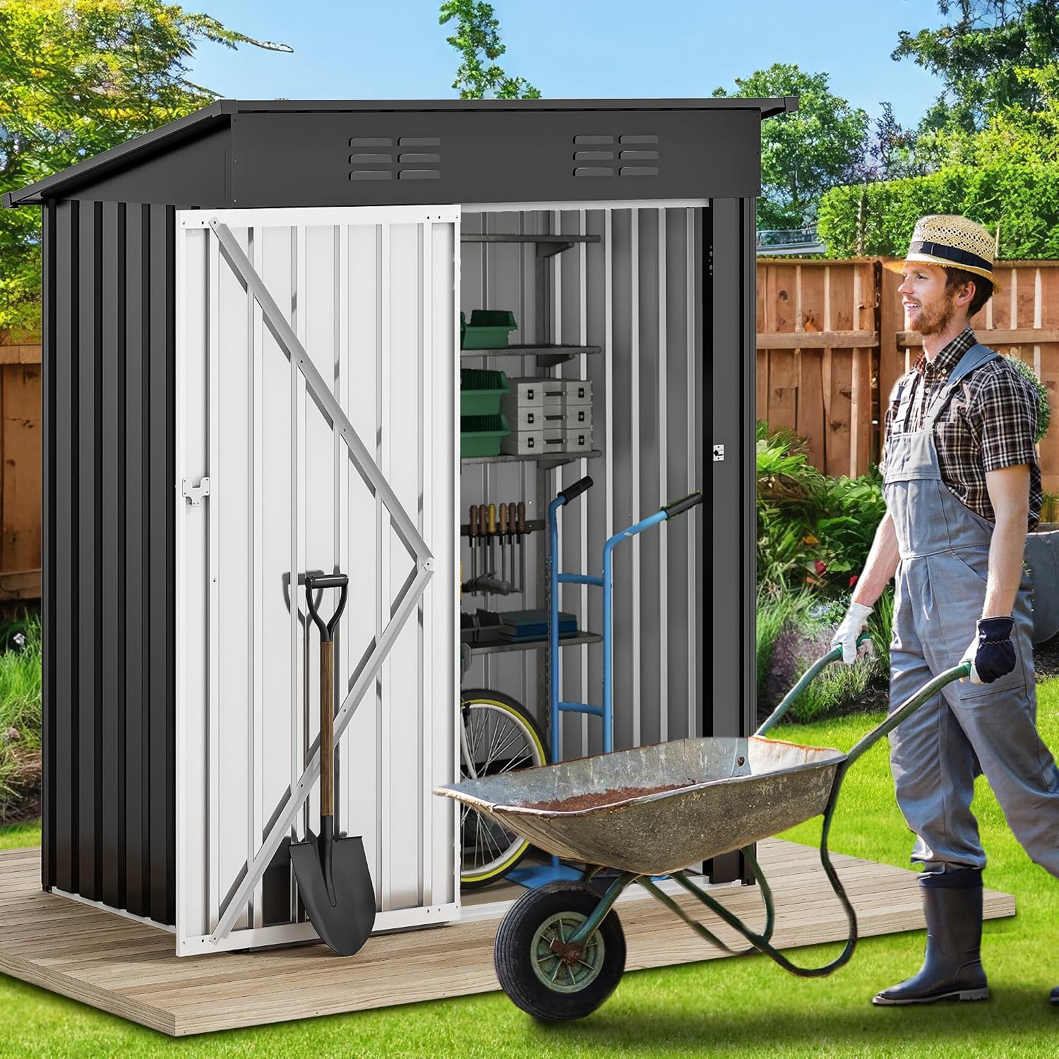 DWVO Outdoor Storage Shed 5 x 3FT, Heavy Duty Metal Tool Sheds Storage House with Lockable Door & Air Vent for Garden, Patio, Lawn to Store Bike, Garbage Can, Lawnmower, Dark Gray