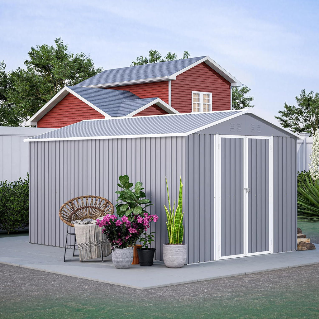YOPTO 8x12 FT Outdoor Storage Shed W/Floor Frame,Metal Shed W/Double Lockable Doors,Garden Tool House W/ 2 Vents & Sloped Roof,for Backyard Patio Lawn,Gray