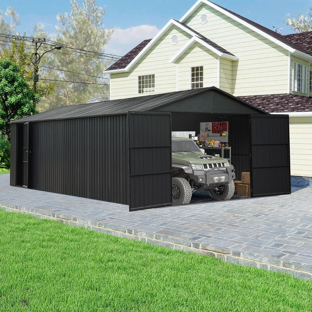 Domi 12'x20' Outdoor Metal Garage Shed, All Weather Enclosed Carport with Sidewalls & 2 Lockable Doors, Extra Large Backyard Storage Shed for Car, Truck, Lawn Mower, 80MPH Wind Resistance, Dark Grey