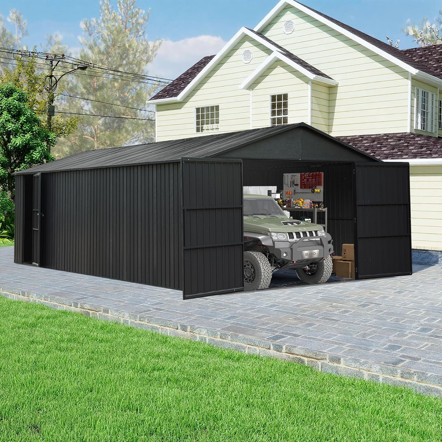 Domi 12'x20' Outdoor Metal Garage Shed, All Weather Enclosed Carport with Sidewalls & 2 Lockable Doors, Extra Large Backyard Storage Shed for Car, Truck, Lawn Mower, 80MPH Wind Resistance, Dark Grey