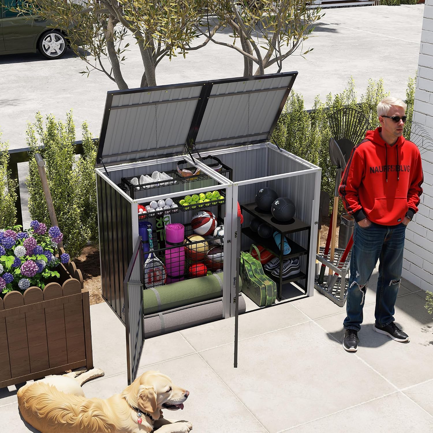 54 Cu Ft Outdoor Storage Shed, Metal Garbage Tool Trash Can Storage, Stainless Galvanized Steel, Pneumatic Support Rod, 2 Chains, Bike Storage Shed for 2 Trash Bins (Dark Gray)