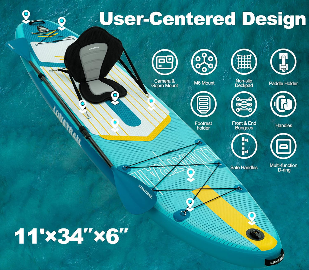 【11'×34'】 Extra Long/Extra Wide Premium Inflatable Stand Up Paddle Board (SUP) – Portable & Lightweight for Yoga, Surfing, Family Fun | Complete Kit with Paddle, Pump, Bag | Durable Design