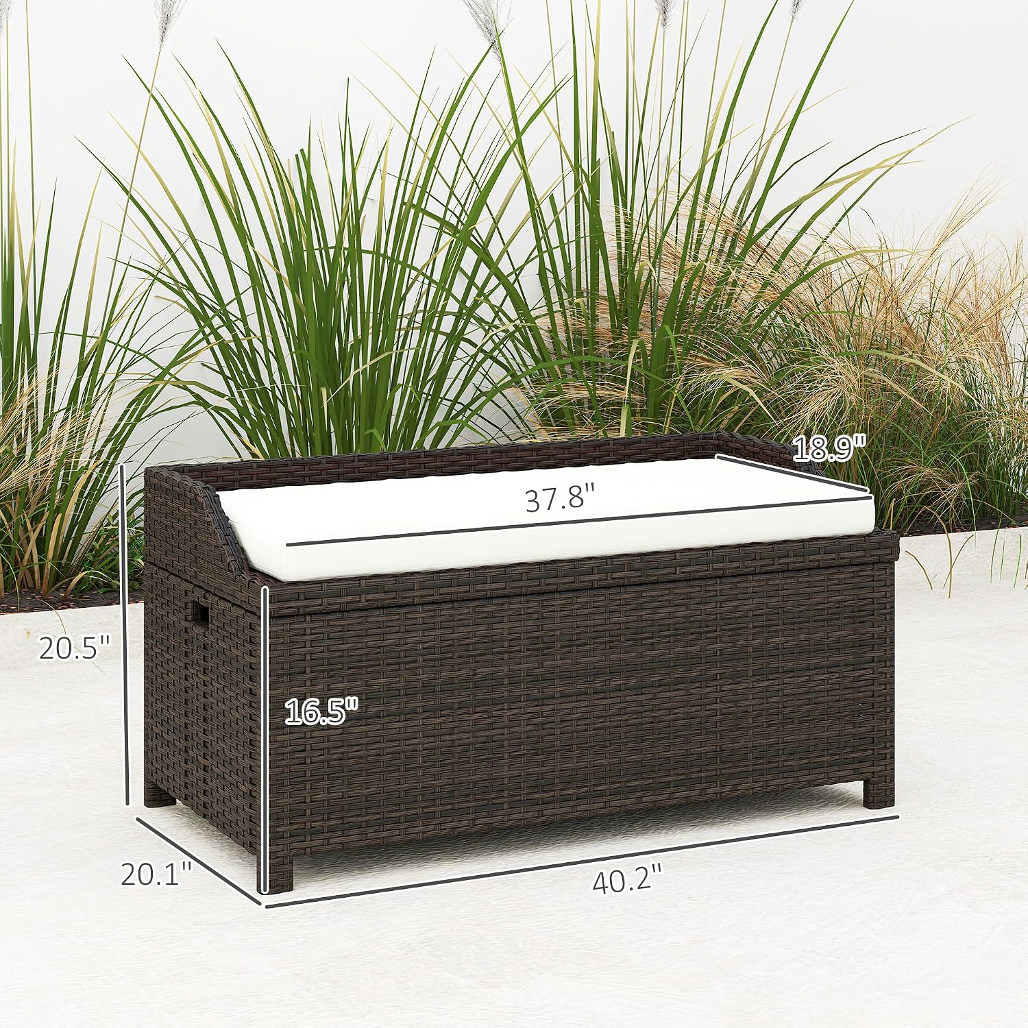 Outsunny 38 Gallon Outdoor Wicker Storage Bench Deck Box, PE Rattan Patio Furniture Pool Storage Bin Container with Interior Waterproof Cloth Bag and Comfortable Cushion, White