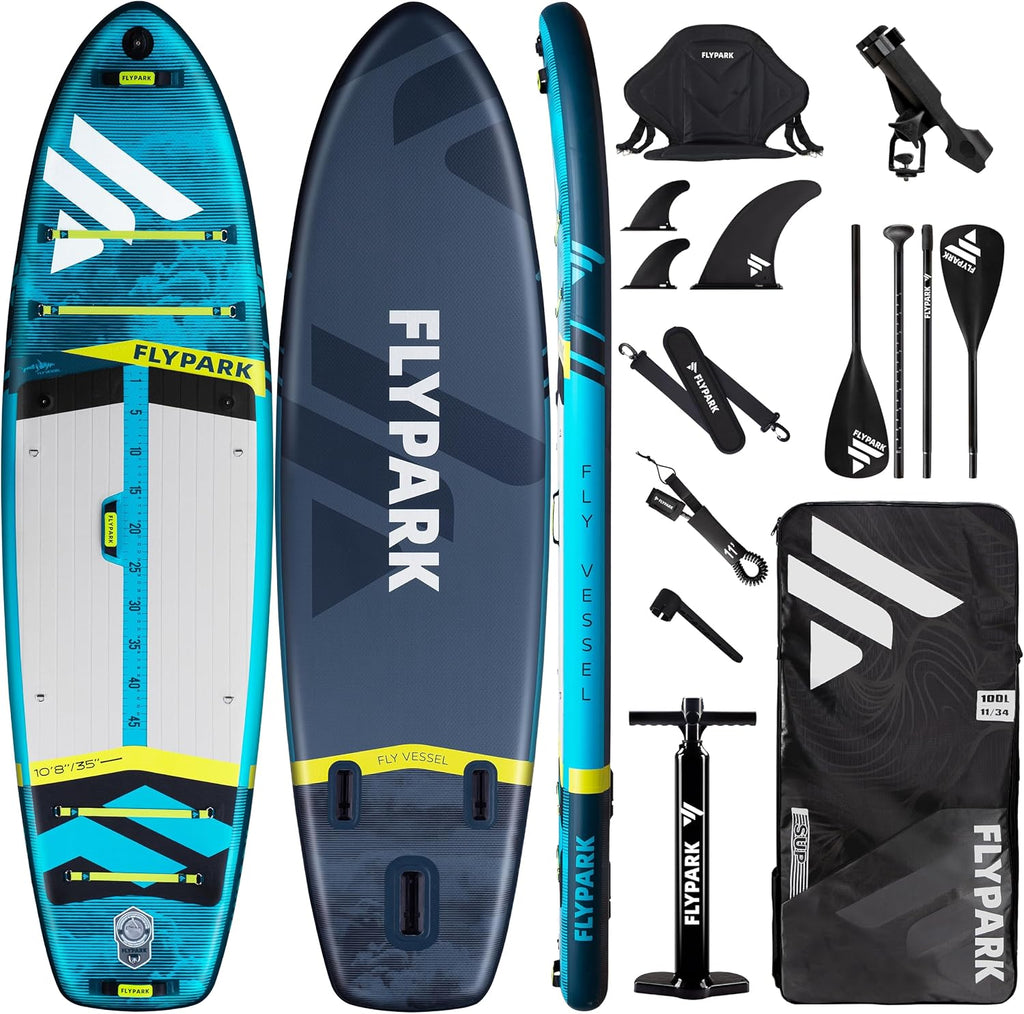 Flypark 10'8/11'x35'' Fishing&Family Stable Inflatable Paddle Boards, Extra Wide SUP Paddleboard Inflatable, 430lb/3 People, Stand Up Paddle Board for Adults, Camera Mount, Shoulder Strap, Rod Holder