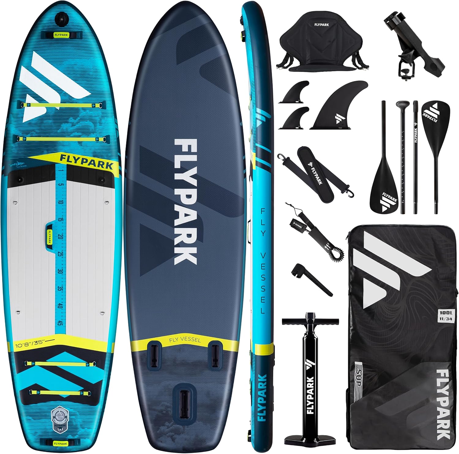 Flypark 10'8/11'x35'' Fishing&Family Stable Inflatable Paddle Boards, Extra Wide SUP Paddleboard Inflatable, 430lb/3 People, Stand Up Paddle Board for Adults, Camera Mount, Shoulder Strap, Rod Holder