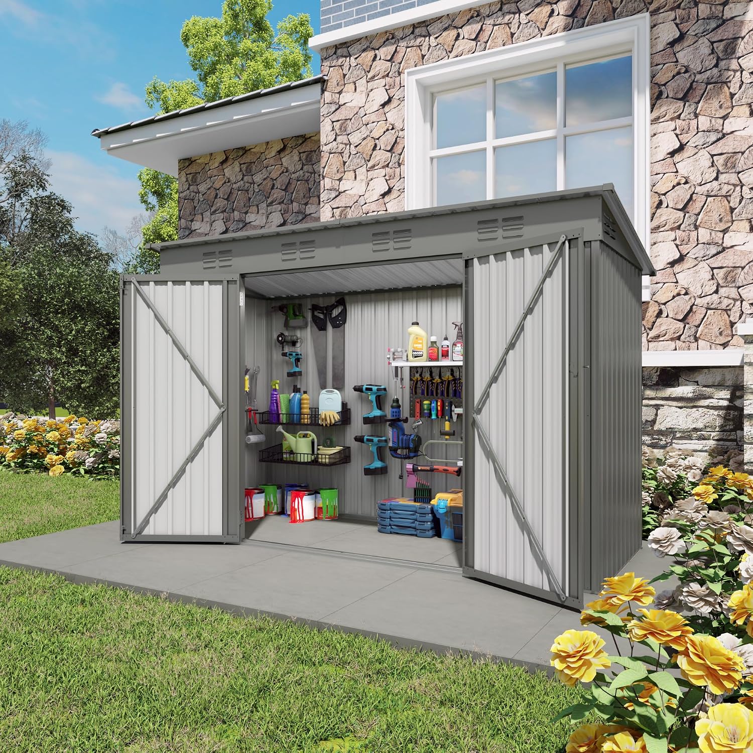 9x4 FT Outdoor Storage Shed, Metal Garden Shed with Window, Outside Tool Sheds with Lockable Hinged Doors, Waterproof Storage Building with 6 Air Vents for Backyard, Patio, Lawn, Gray