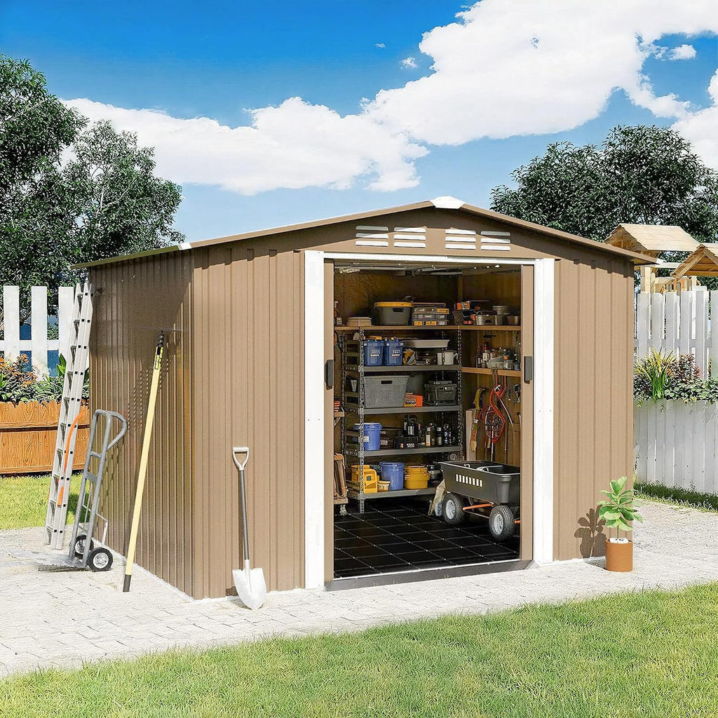 Gotland 8FT x 6FT Shed with Floor, Metal Shed with Sloped Steps Waterproof Sloped Roof, Storage Shed with 2 Lockable Slide Doors, Outdoor Shed for Backyard Patio Lawn Brown