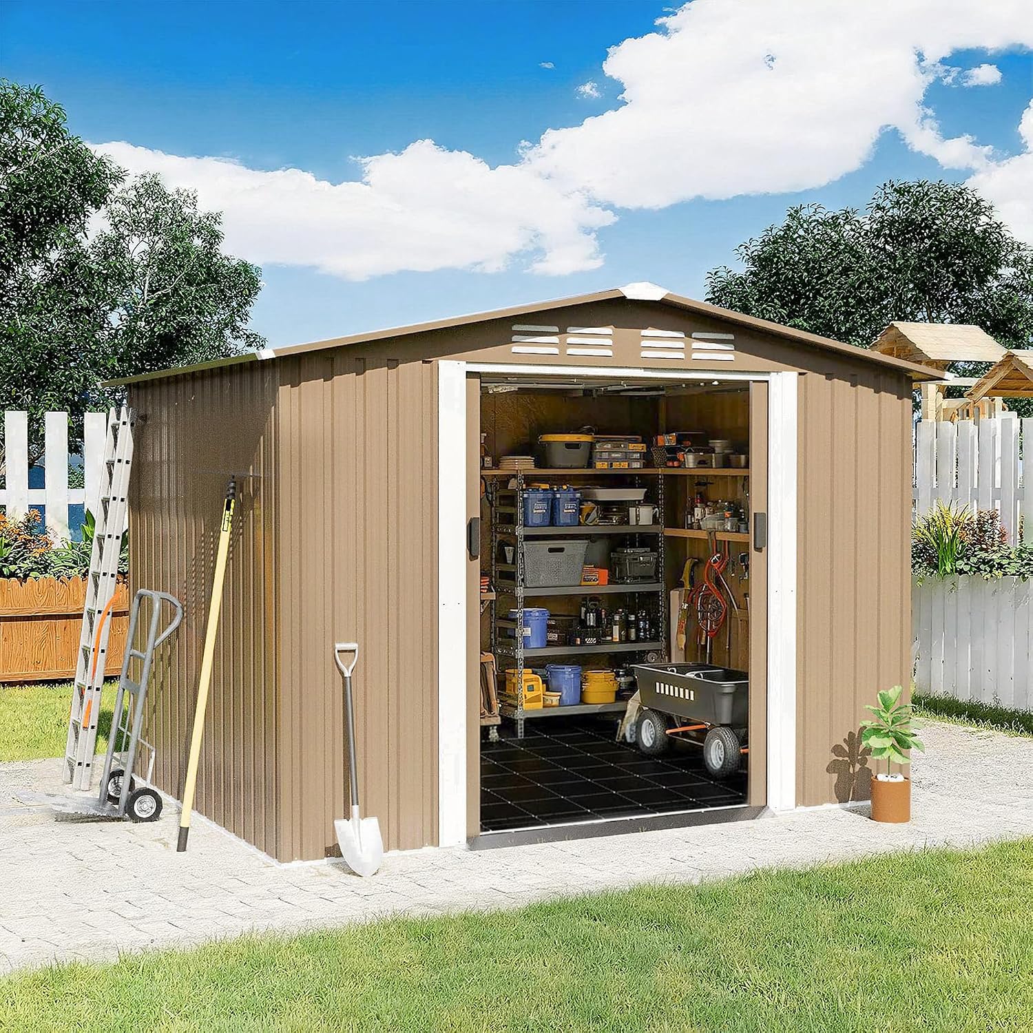 Gotland 8FT x 6FT Shed with Floor, Metal Shed with Sloped Steps Waterproof Sloped Roof, Storage Shed with 2 Lockable Slide Doors, Outdoor Shed for Backyard Patio Lawn Brown