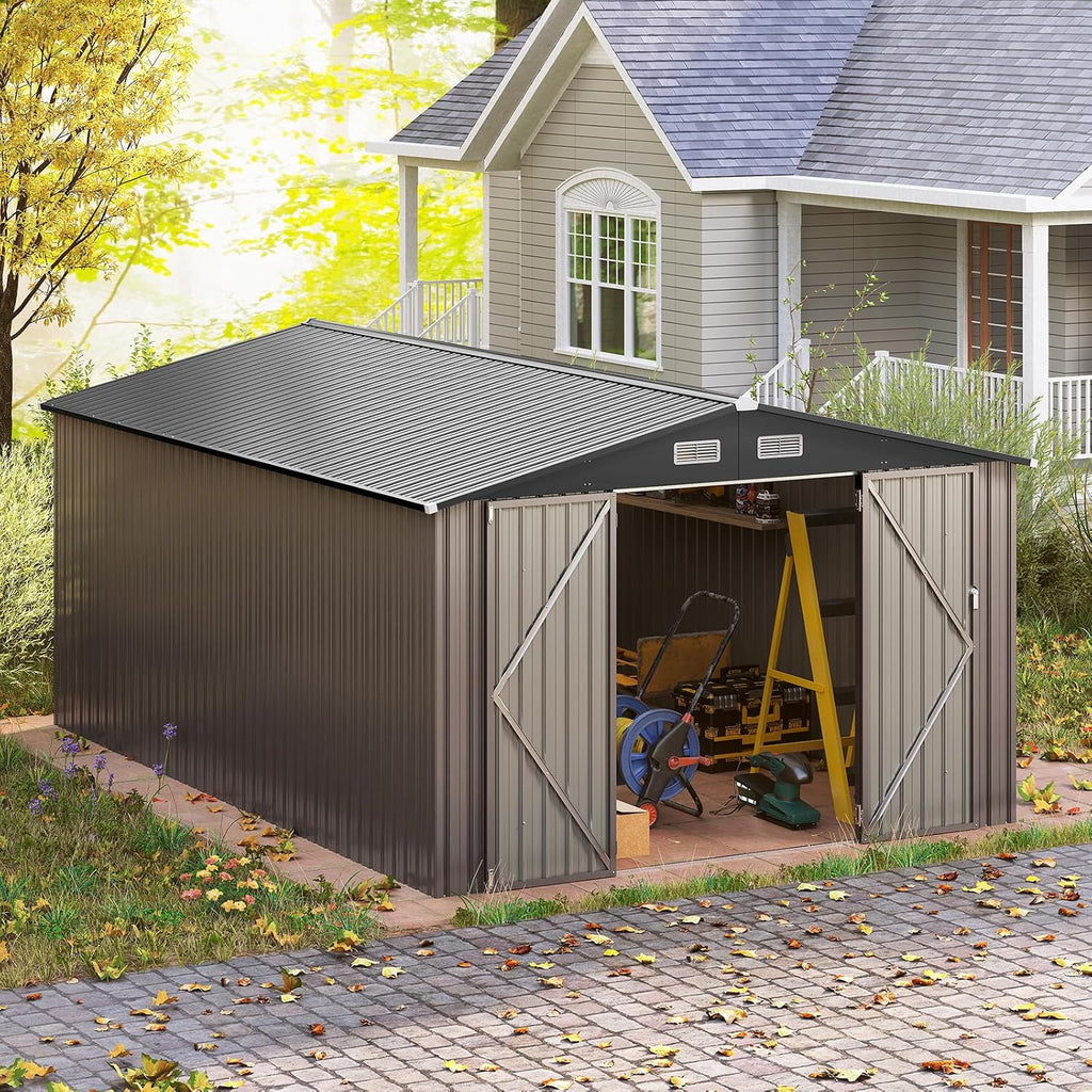 Goplus 10 x 14 FT Outdoor Storage Shed, Large Garden Tool House w/Improved Windproof Metal Structure, 4 Vents, Lockable Door, Waterproof Utility Tool Organizer for Backyard, Lawn, Patio
