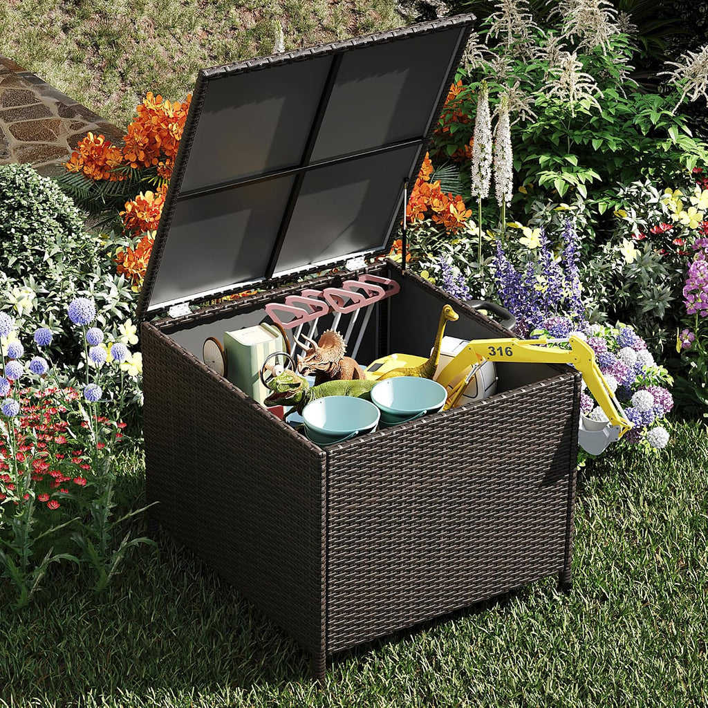 Large Deck Box Waterproof PE Rattan Outdoor Storage Box with Handles and Wheels, Storage Bin for Garden, Balcony, Porch, Pool, Yard (Brown, 80 US Gallon)