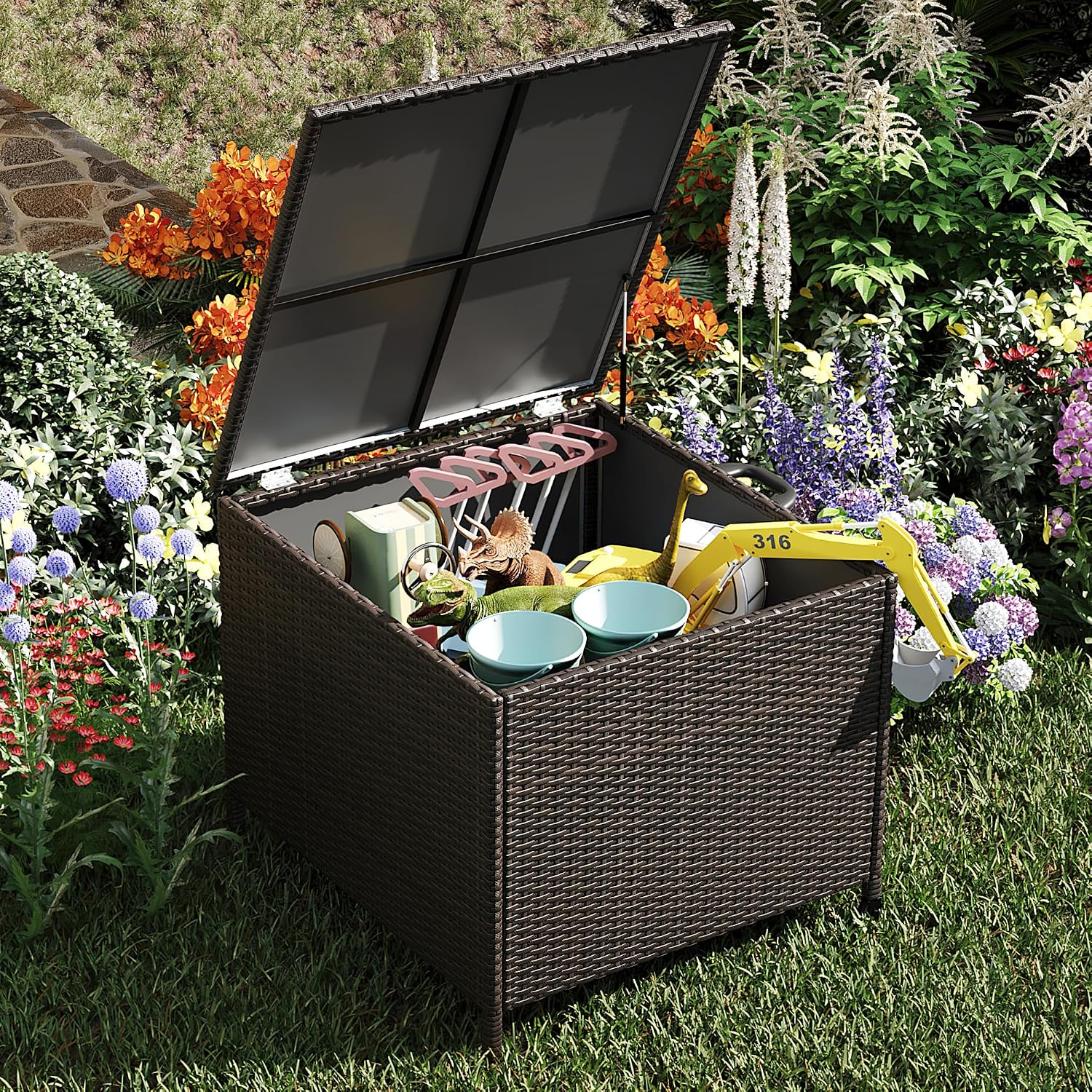 Large Deck Box Waterproof PE Rattan Outdoor Storage Box with Handles and Wheels, Storage Bin for Garden, Balcony, Porch, Pool, Yard (Brown, 80 US Gallon)