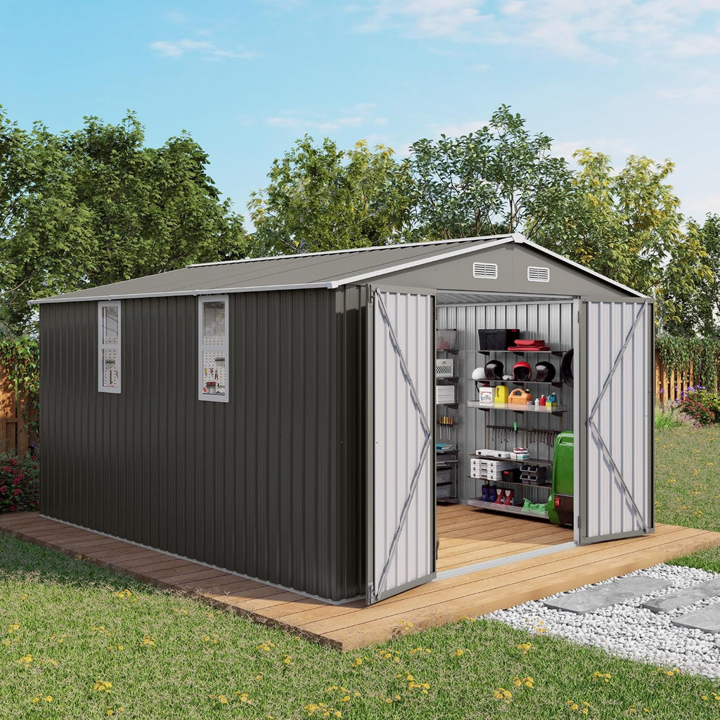 10x12 FT Outdoor Storage Shed, Large Metal Garden Shed with 2 Windows, Outside Tool Sheds with Lockable Hinged Doors, Waterproof Storage Building with 4 Air Vents for Backyard, Patio, Lawn, Gray