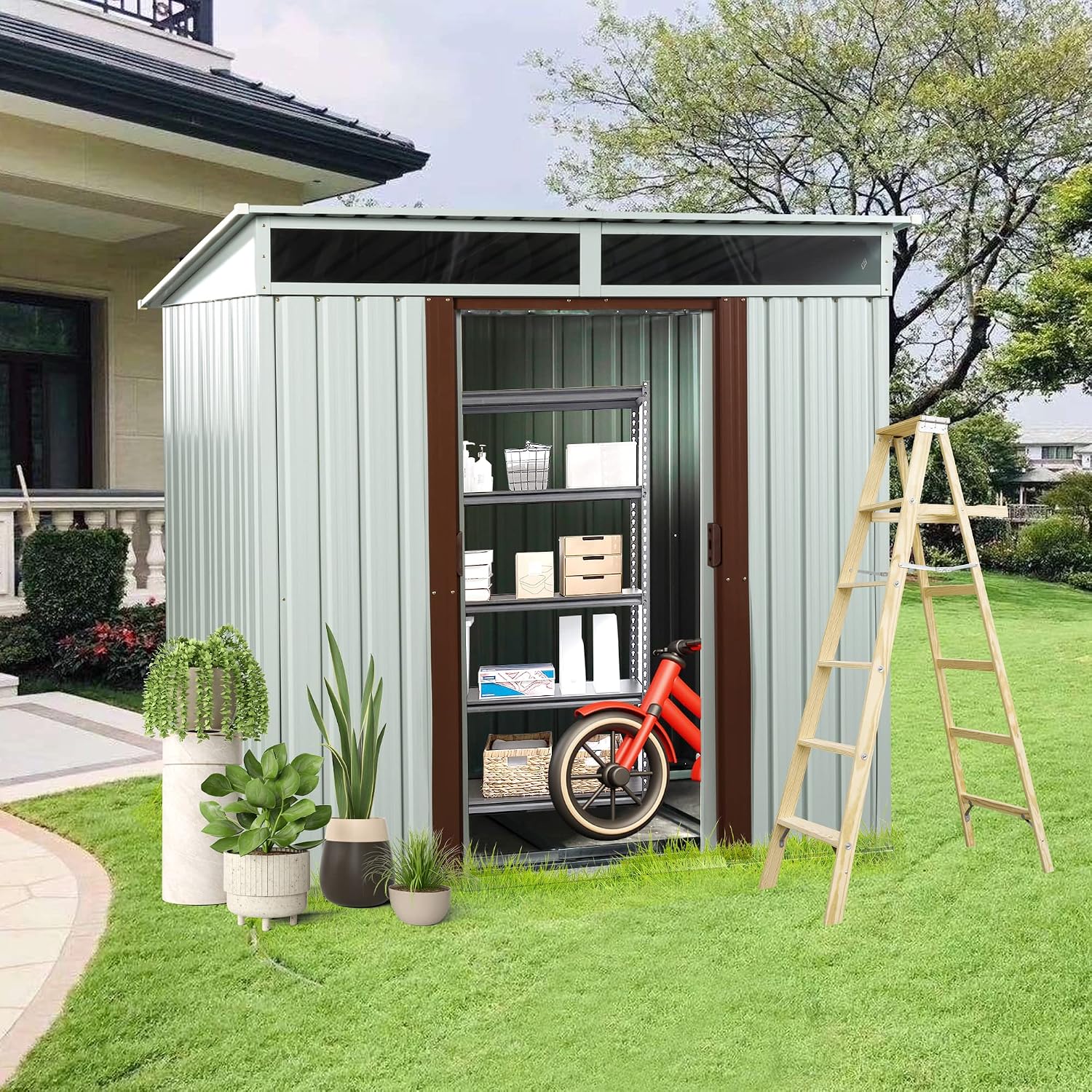 6X5 FT Outdoor Storage Shed, Waterproof Metal Garden Sheds with Lockable Door, Steel Tool Storage Buildings Shed & Outdoor Storage House for Garden, Backyard, Patio, Lawn, Trash Cans(White)