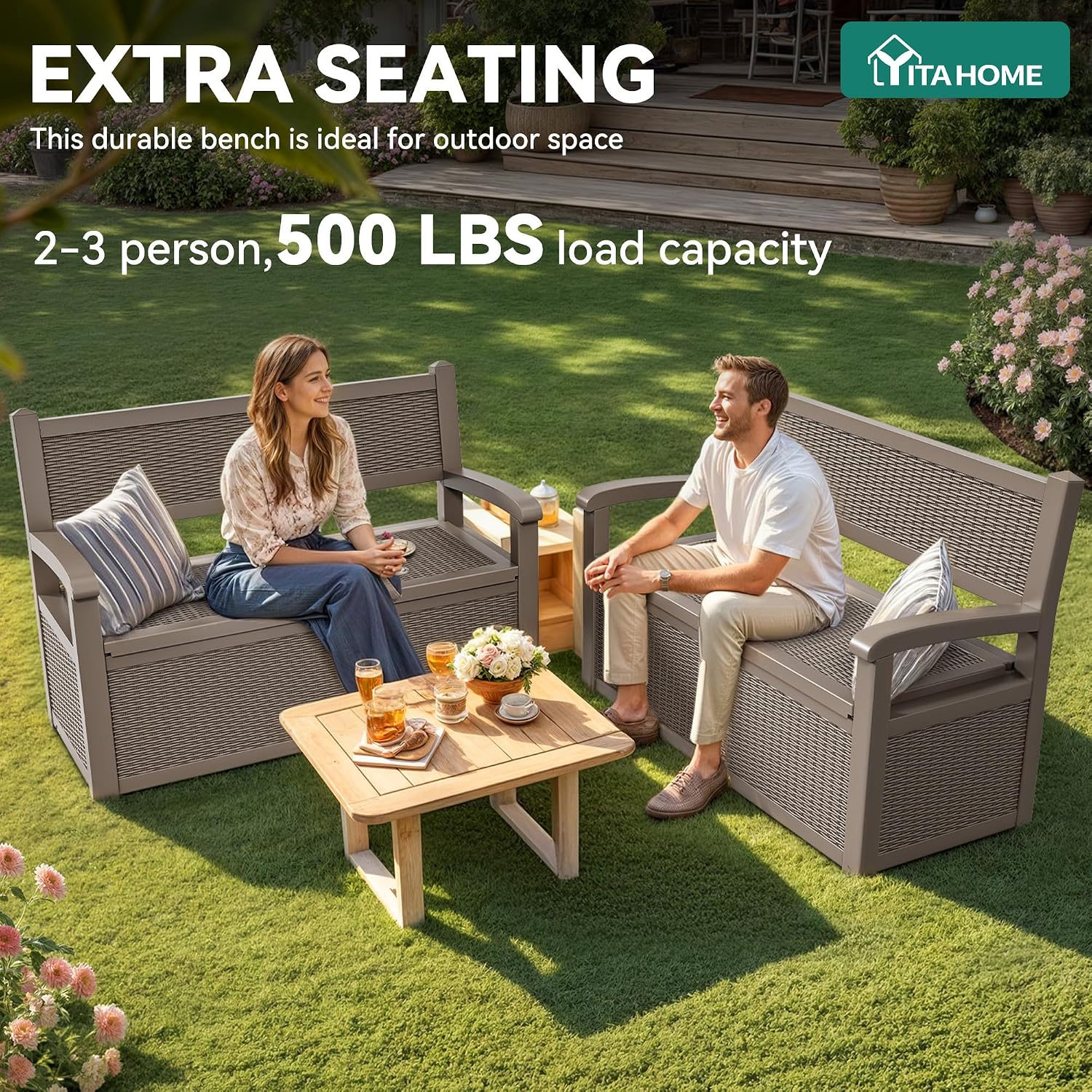 YITAHOME 70 Gallon Deck Bench with Storage, Outdoor Storage Box Bench with Armrests for Patio Garden Pool Porch, Waterproof&Lockable, Light Brown