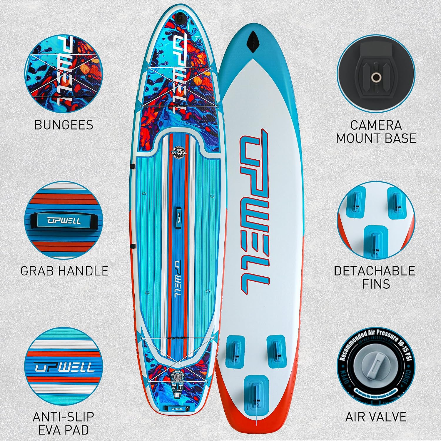 UPWELL 11'6'/11'2'/11'/10'8'/10'6'/10'2' Inflatable Stand Up Paddle Board with sup Accessories Including Backpack, Repairing Kits, Non-Slip Deck, Leash, 3 Fins, Paddle and Hand Pump