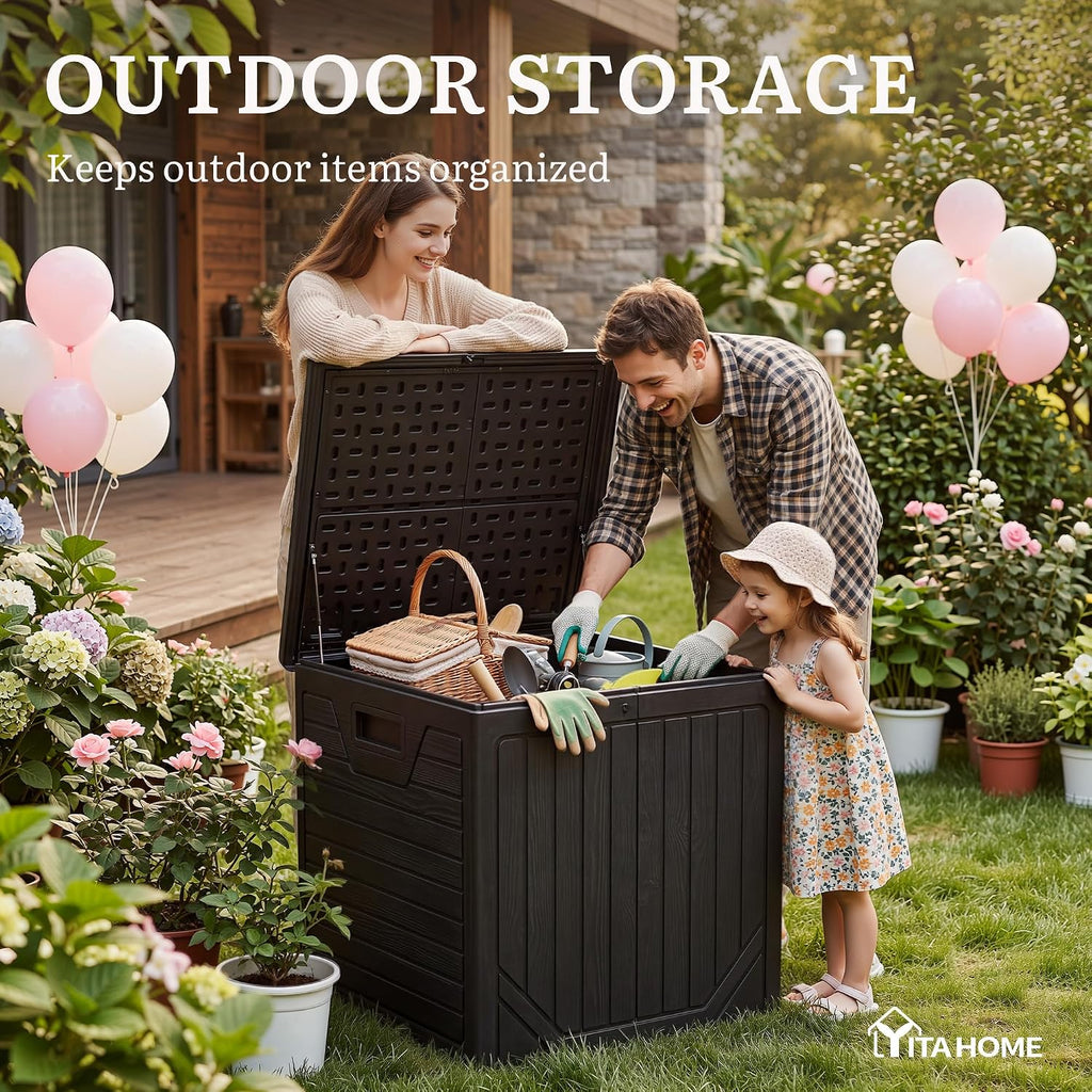 YITAHOME 150 Gallon Large Outdoor Deck Box, Lockable Resin Storage Box and Waterproof Patio Furniture Bin for Garden Tools & Pool Accessories, Black