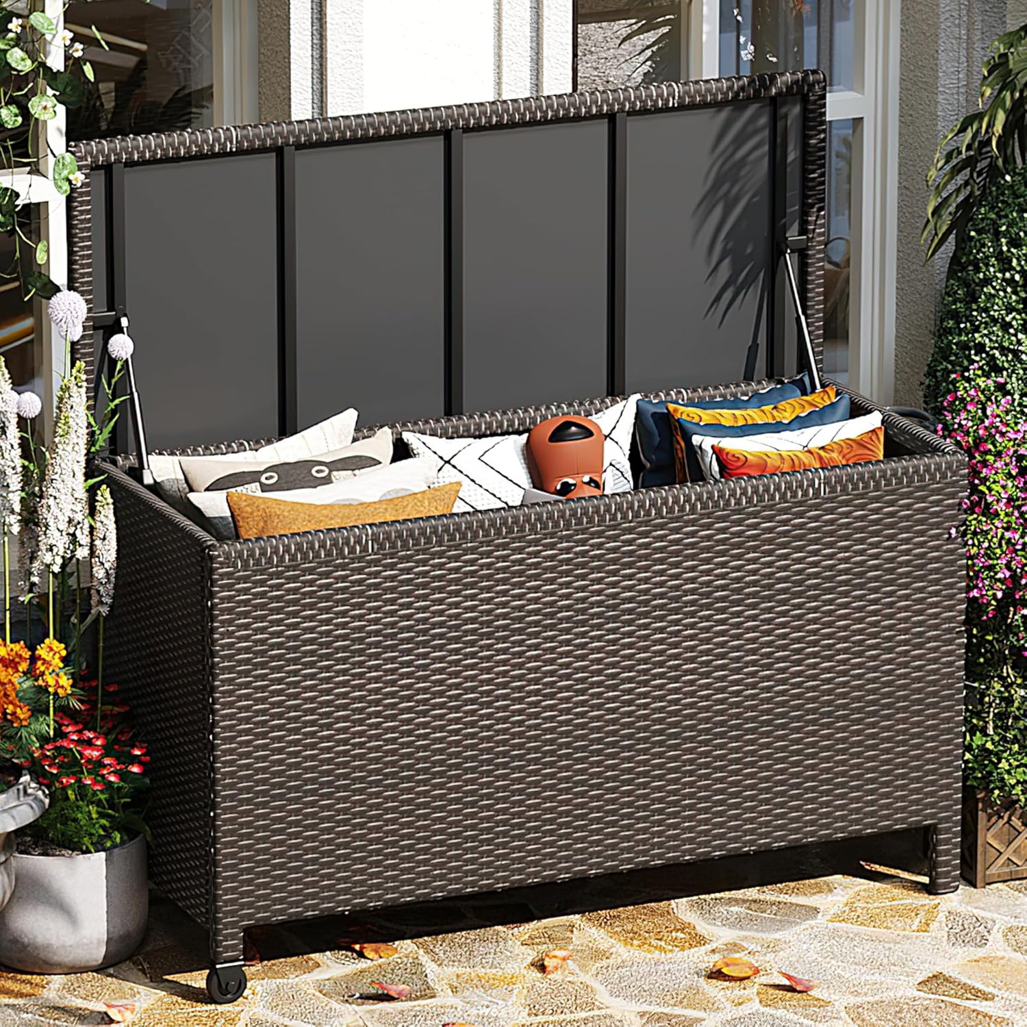 Wicker Deck Box, 185 Gallon All-Weather Outdoor Storage Box, Rattan Storage Bin for Patio Furniture, Outdoor Cushions, Pool Storage and Garden Tools, Brown