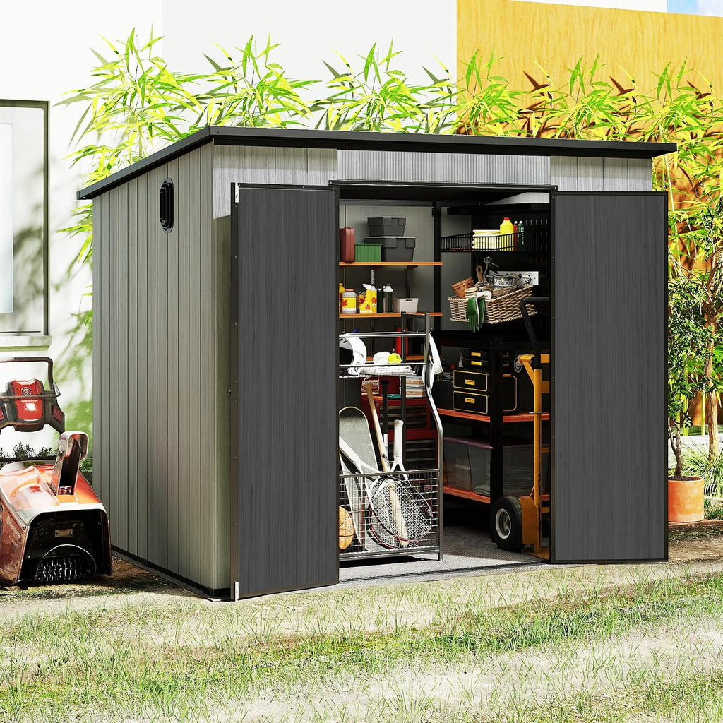 Domi 6x8FT Outdoor Resin Storage Shed with Transparent Windows & Louvered Vents, Plastic Tool Shed with Double Lockable Doors & Sloping Roof, Outside Garden Shed for Backyard, Patio, Lawn, Grey