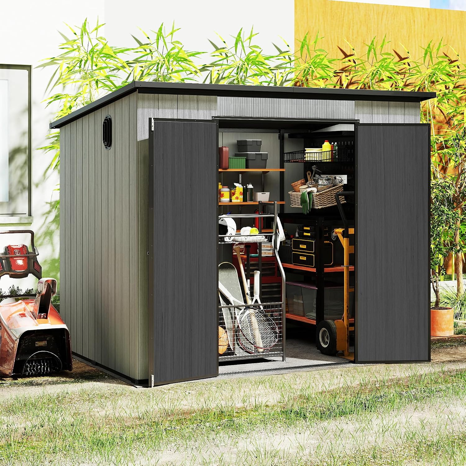 Domi 6x8FT Outdoor Resin Storage Shed with Transparent Windows & Louvered Vents, Plastic Tool Shed with Double Lockable Doors & Sloping Roof, Outside Garden Shed for Backyard, Patio, Lawn, Grey