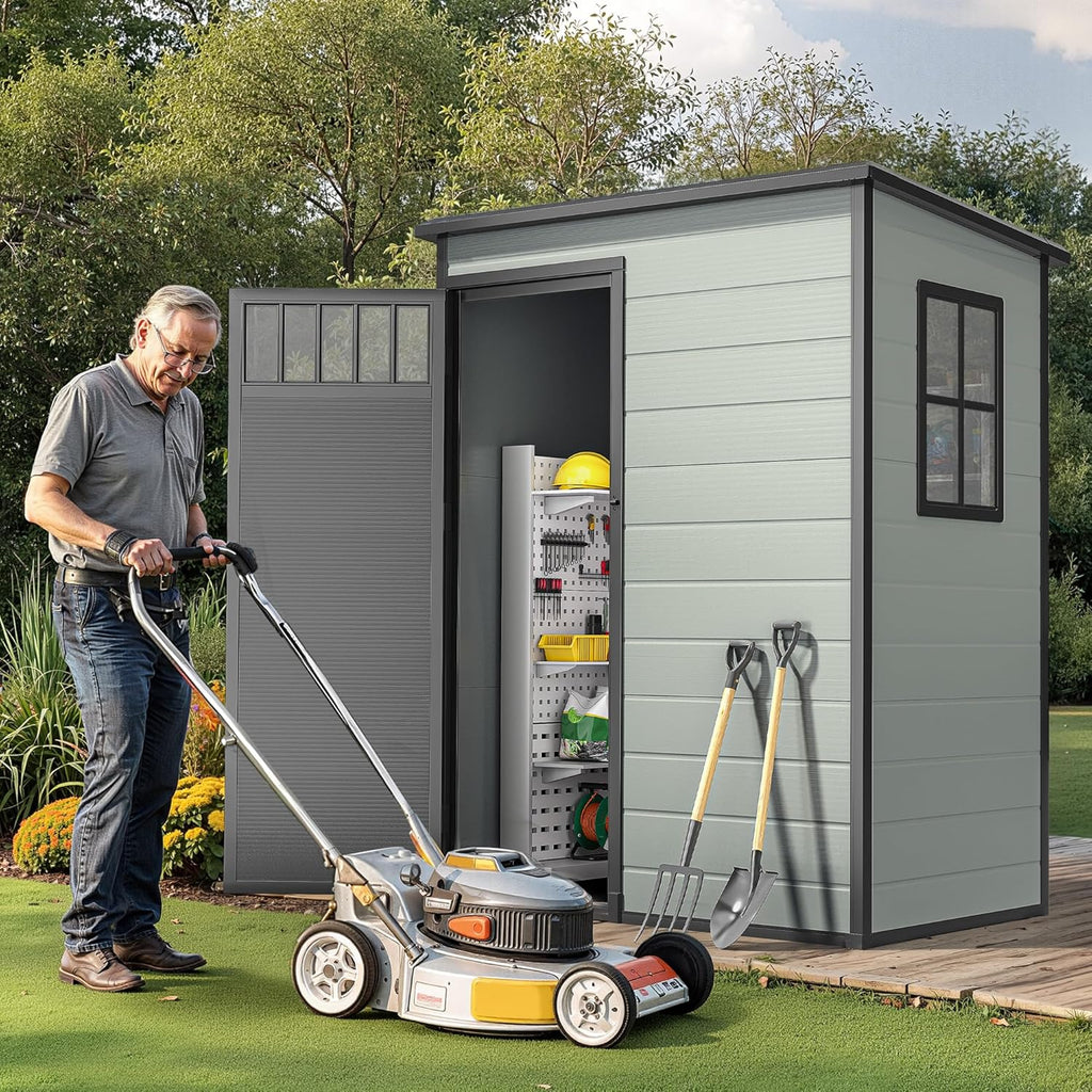 DWVO 5x3FT Outdoor Storage Shed with Fence-Style and Side Windows, Floor, Lockable Doors, Plastic Storage for Backyard and Garden, Blue-Gray