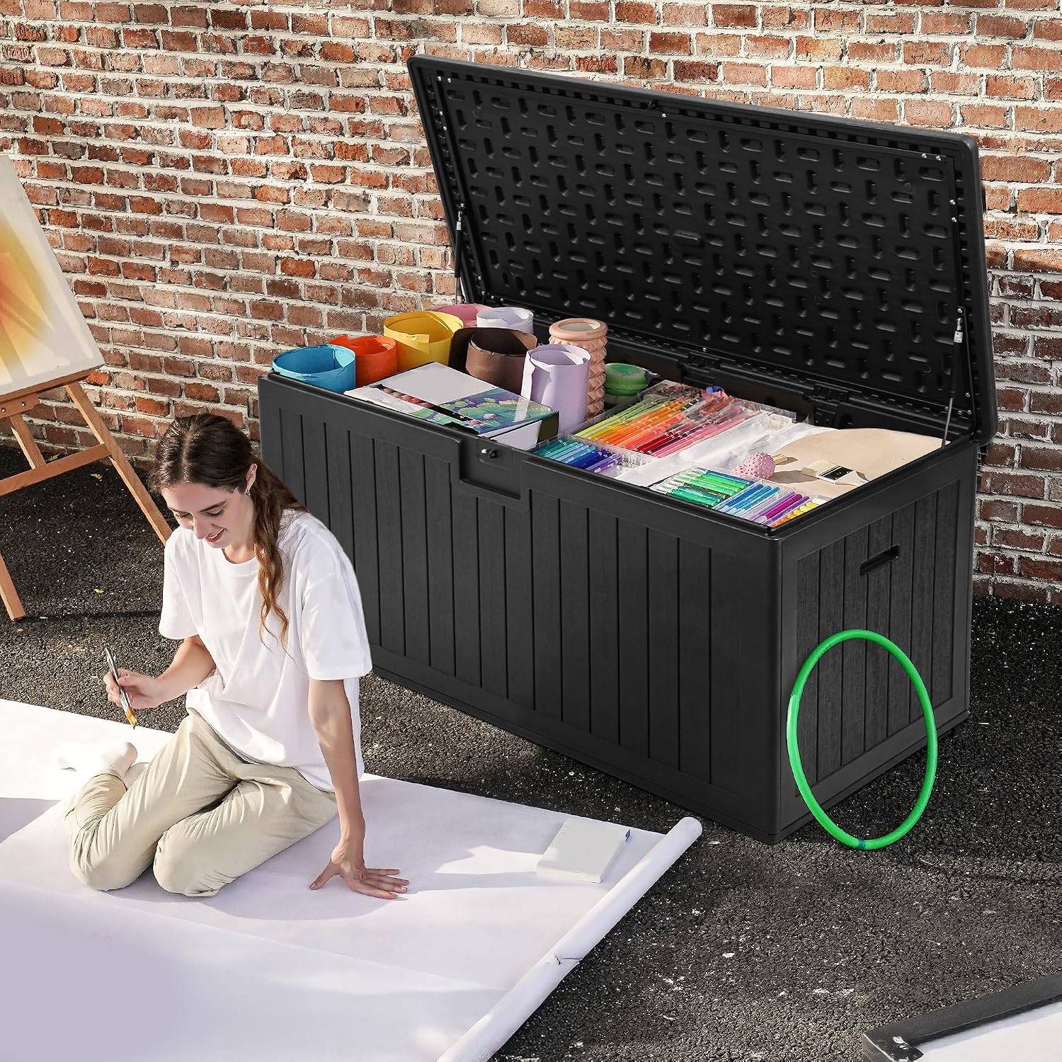 DWVO 180 Gallon Resin Outdoor Storage Box, XXL Double-Wall Waterproof Deck Box, Doubles as Table or Seating with 1000 lbs Capacity, Lockable (Black)