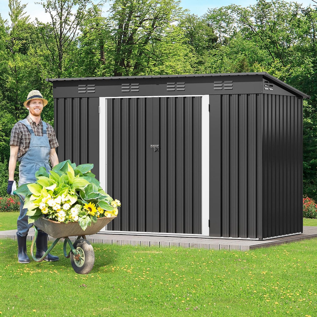 DWVO 9x4ft Large Tool Storage Shed with Window, Lockable Doors, and Sloped Roof, Oversized Steel Outdoor Storage Shed for Garden, Patio, Garage, Backyard, Lawn - Dark Gray