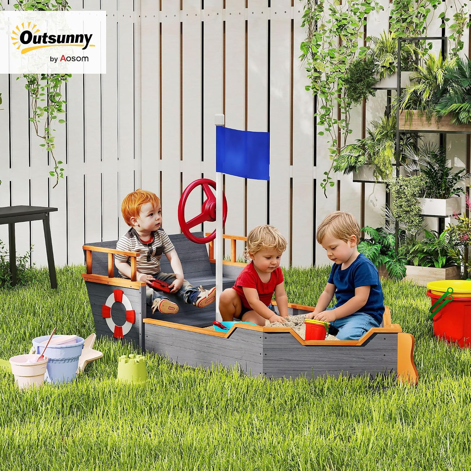 Outsunny Wooden Kids Sandbox, Ship-Shape Outdoor Sandboat with Bench Seats, Storage, Non-Woven Fabric Cloth for Backyard, Lawn, Dark Gray