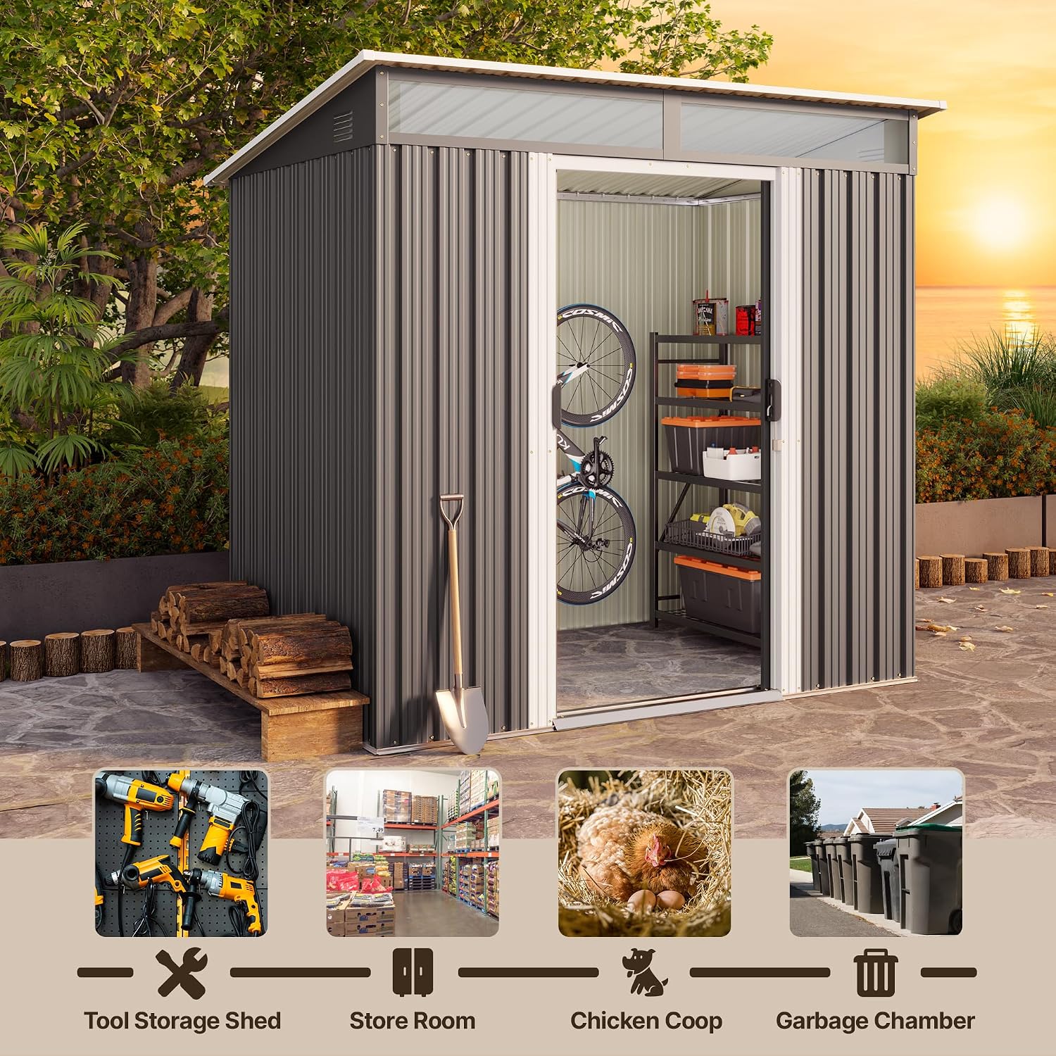 Gizoon 6'x4' Outdoor Storage Shed Metal Garden Shed with Sliding Lockable Doors, Versatile Tool Bike Shed with Transparent Panel Windows, Outdoor Storage Clearance for Backyard, Patio, Dark Gray
