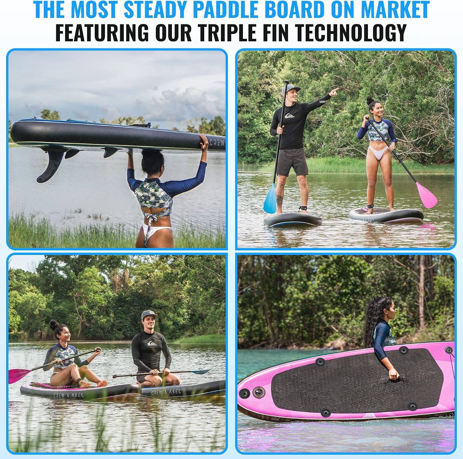 Crew Axel Inflatable Paddle Board 10'33'6' Extra Wide & Lightweight (18lb) Paddle Board – Premium SUP Set Includes 2 Bags, Floating Paddle, Camera Mount, 3 Fins, Dual Pump Kit