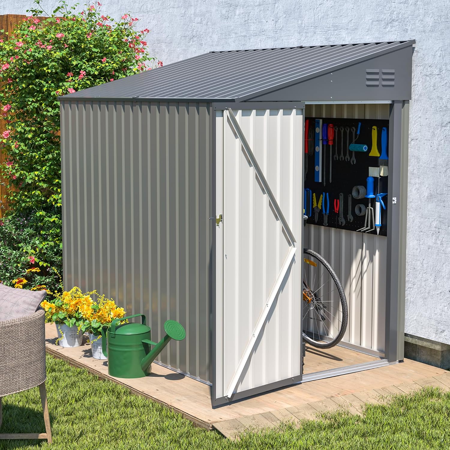 4x7 FT Lean to Shed with Single Lockable Side Door, Outdoor Metal Storage Shed, Sloping Roof Galvanized Utility Steel Tool Shed for Garden, Patio, Lawn & Backyard