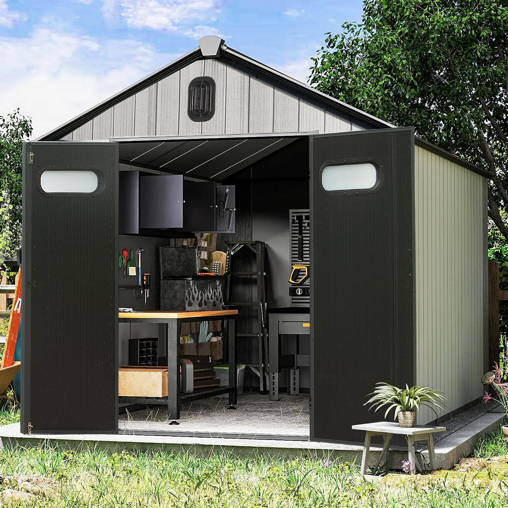 Domi 8x16 FT Outdoor Resin Storage Shed, All-Weather Double-Wall Storage Building with Lockable Doors and Ventilated Roof, Ideal for Lawn Tools, Bikes, Mowers, and Pool Equipment, Grey