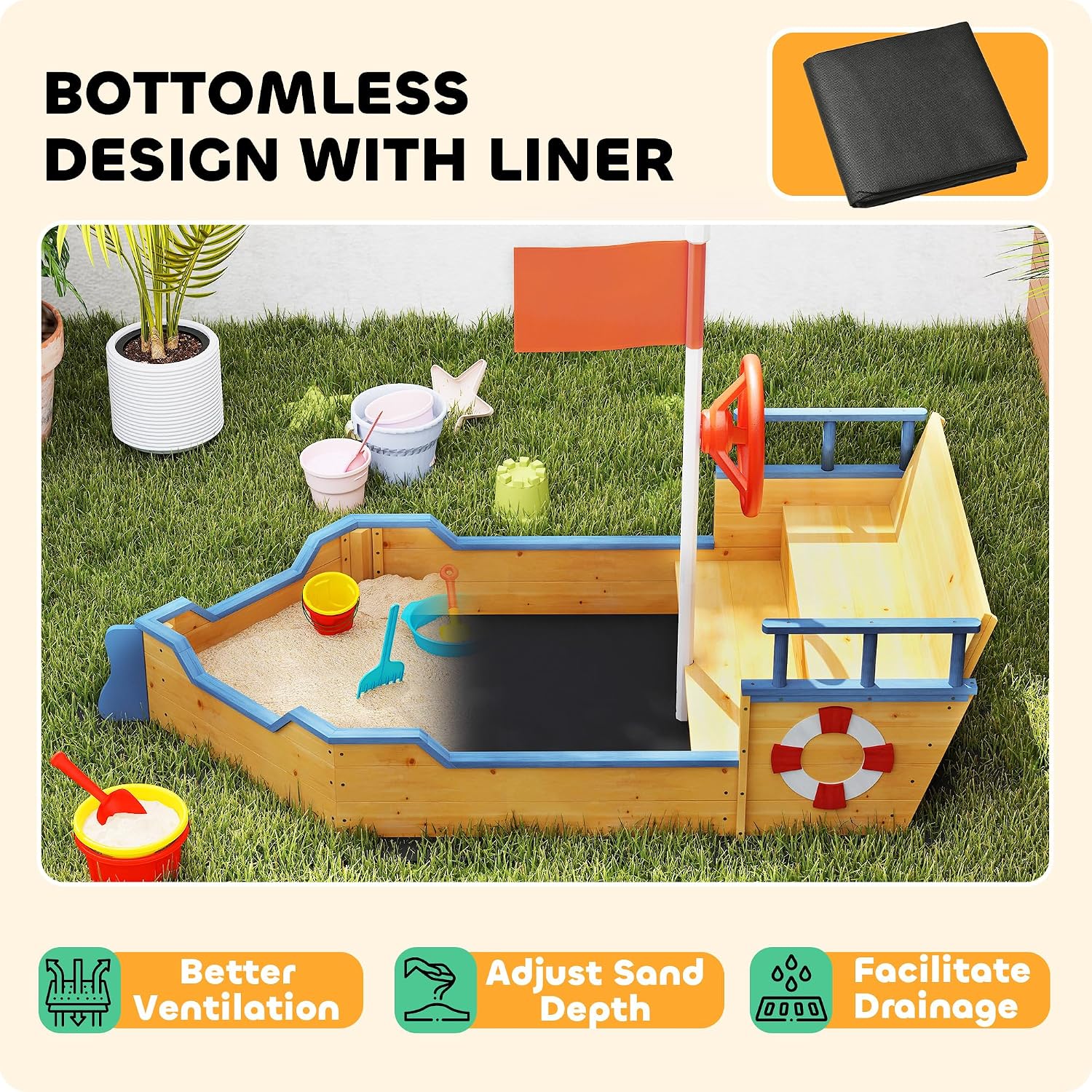 Outsunny Wooden Kids Sandbox, Ship-Shape Outdoor Sandboat with Bench Seats, Storage, Non-Woven Fabric Cloth for Backyard, Lawn, Natural Wood
